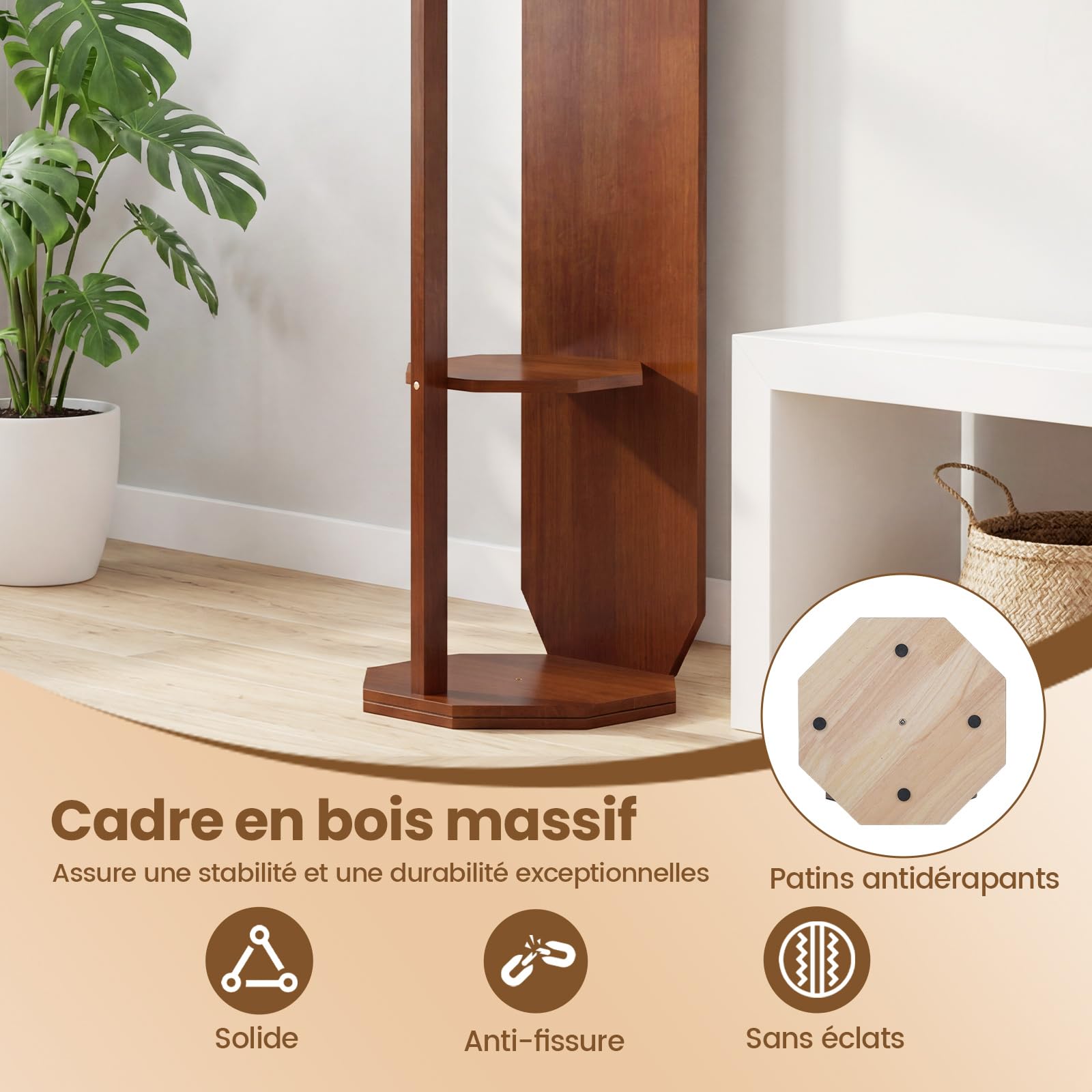 COSTWAY Miroir sur Pied, Grand Miroir avec Porte-Manteau, Base Pivotante à 360°, Cadre en Bois Massif, 2 Étagères de Rangement, 4 Crochets, Barre, pour Chambre Salon (39,5 x 39,5 x 166,5 cm,Noyer)