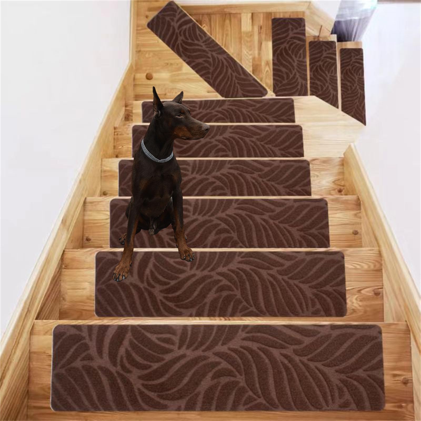 TYYCKJ Carpet Stair Treads Self Adhesive, Non-Slip Carpet Stair Runner Carpet Stairs Mats Removable Reused for Kids Elders and Pets (15pc,Leaf-Brown)
