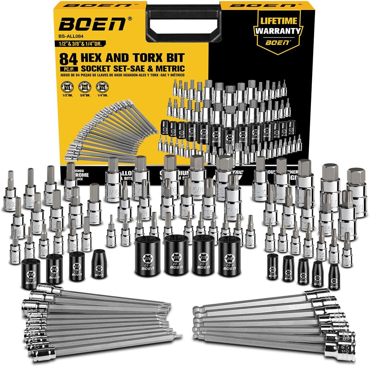 BOEN 84-Piece Master SAE/Metric Allen and Torx Bit Socket Set | 1/4″, 3/8″, 1/2″ Drive | Includes Ball End Hex & E-Torx Sockets | S2 & CR-V Steel