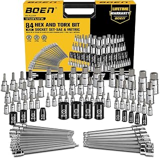 BOEN 84-Piece Master SAE/Metric Allen and Torx Bit Socket Set | 1/4″, 3/8″, 1/2″ Drive | Includes Ball End Hex & E-Torx Sockets | S2 & CR-V Steel