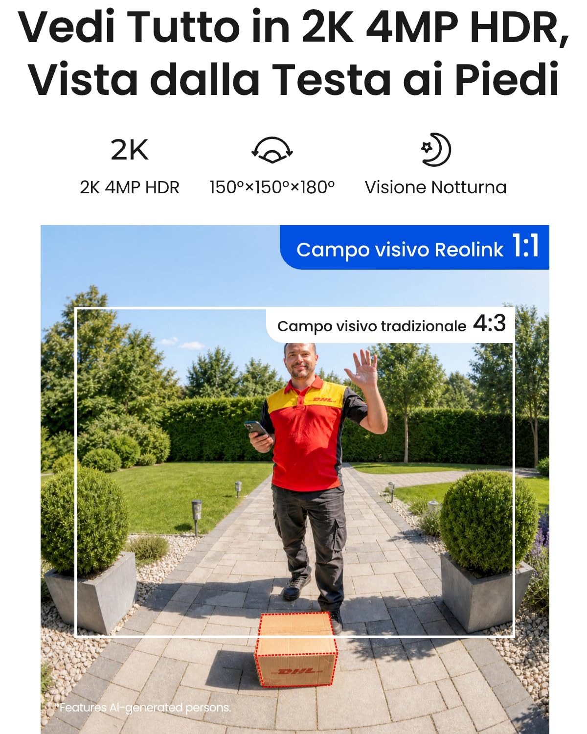 Reolink 2K 4MP Videocitofono Senza Fili, Battery Video Doorbell(2nd Gen) | Doppia Alimentazione (Batteria e Cablata), Vista 150°×150°, Wi-Fi Dual Band, Rilevamento Intelligente, Audio Bidirezionale