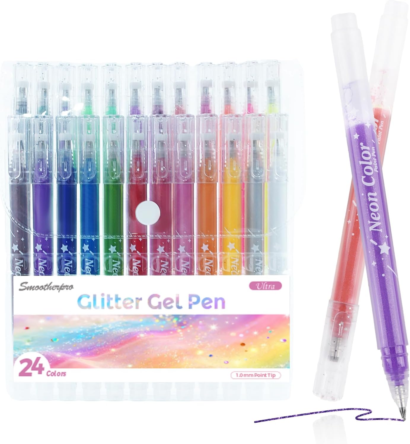 SMOOTHERPRO Metallic Glitter Gel Pens | Pack of 24 | 1.0 mm Tip Glitter Sparkly Biro | Gel Pens for Adult Colouring Books Cards Journaling Crafting Drawing Writing（GLP024C）| 24 Colours