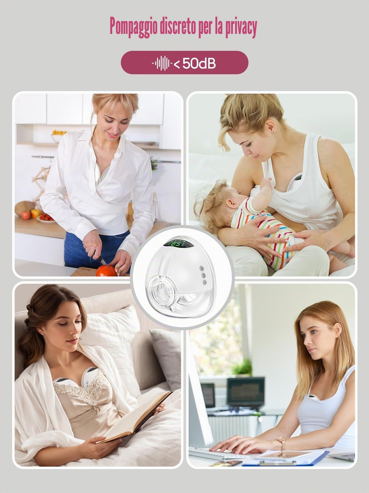 Lulia Tiralatte Elettrico Indossabile LU05, 4 Modalità e 9 Livelli, 350mmHg Forte Aspirazione Confortabile, Funzione di Memoria, senza BPA, con Flange 17/19/21/24MM (1 Pezzi)