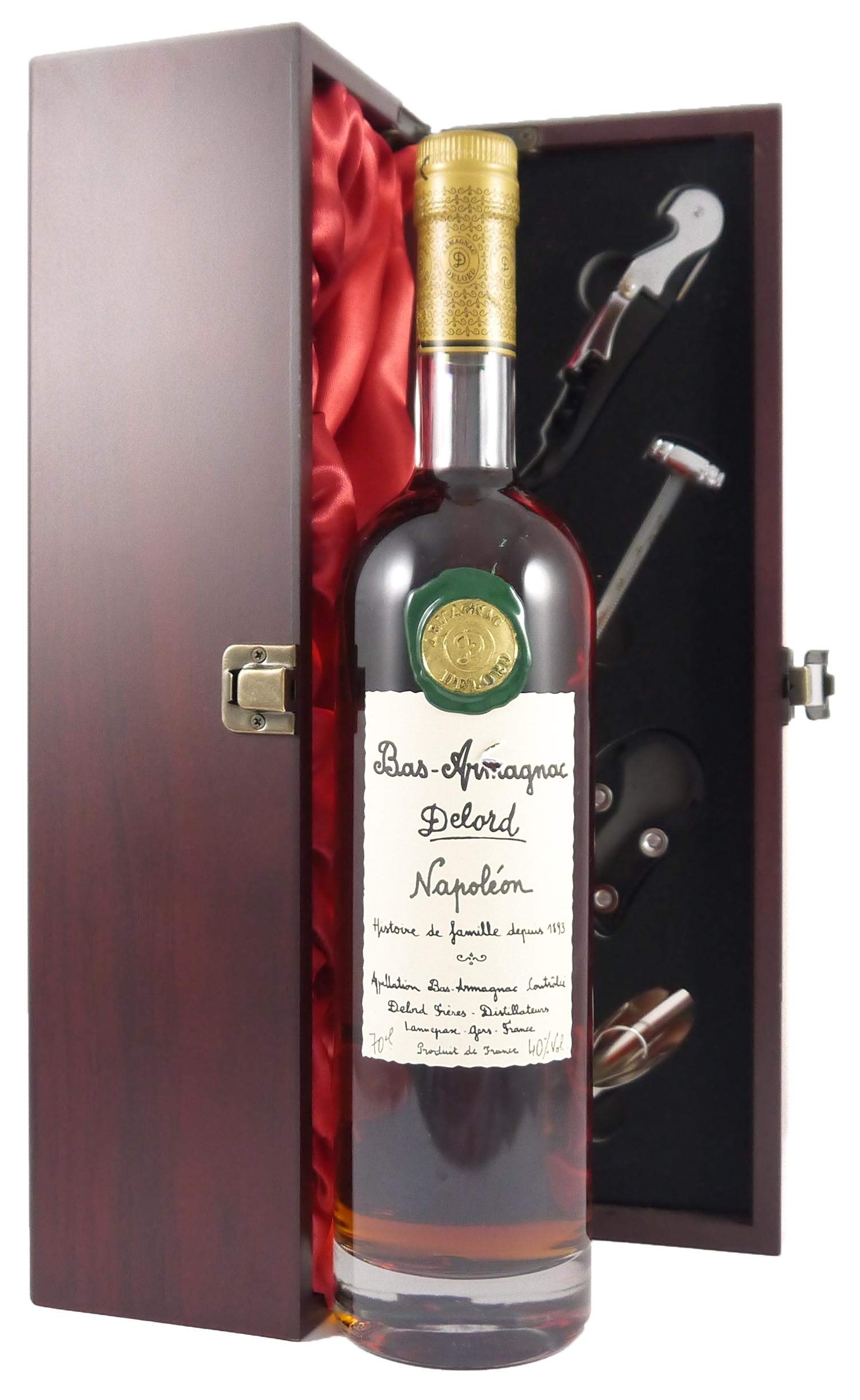 Napoleon Delord Freres Bas Armagnac Napoleon (70cl) in einer mit Seide ausgestatetten Geschenkbox, da zu 4 Weinaccessoires, 1 x 700ml