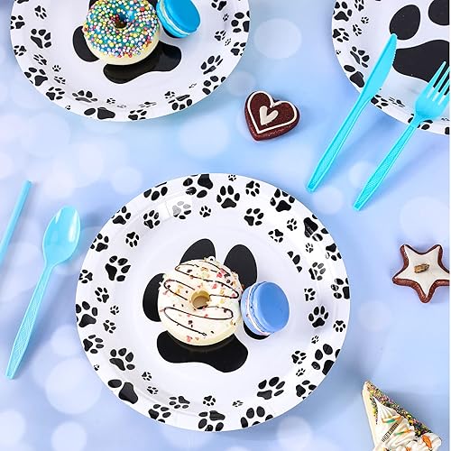 Miniatura 7 de Whaline 100 platos de papel desechables con diseño de patas de perro, platos de 9 pulgadas, platos de mesa para fiesta de cumpleaños de perros,