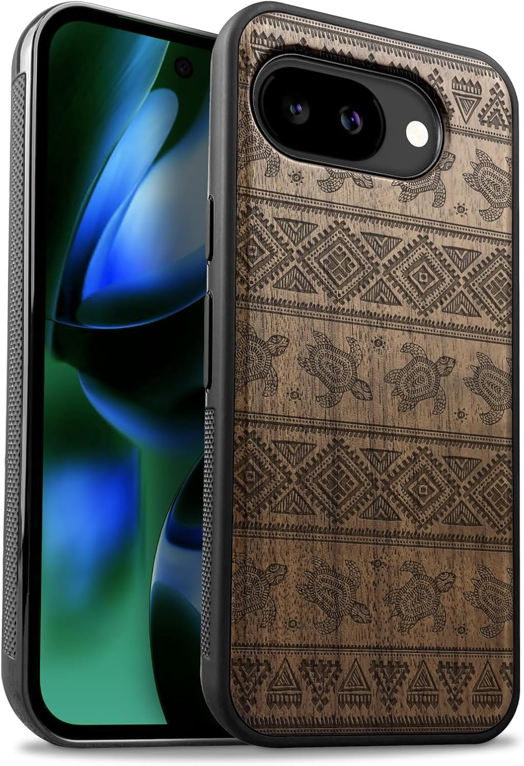 Carveit Magnetic Wooden Case for Google Pixel 10a Case, Wood Artisan Engraved & Soft TPU Shockproof Cover, Compatible with MagSafe Wireless Chargers (Aztec Sea Turtle) Walnut
