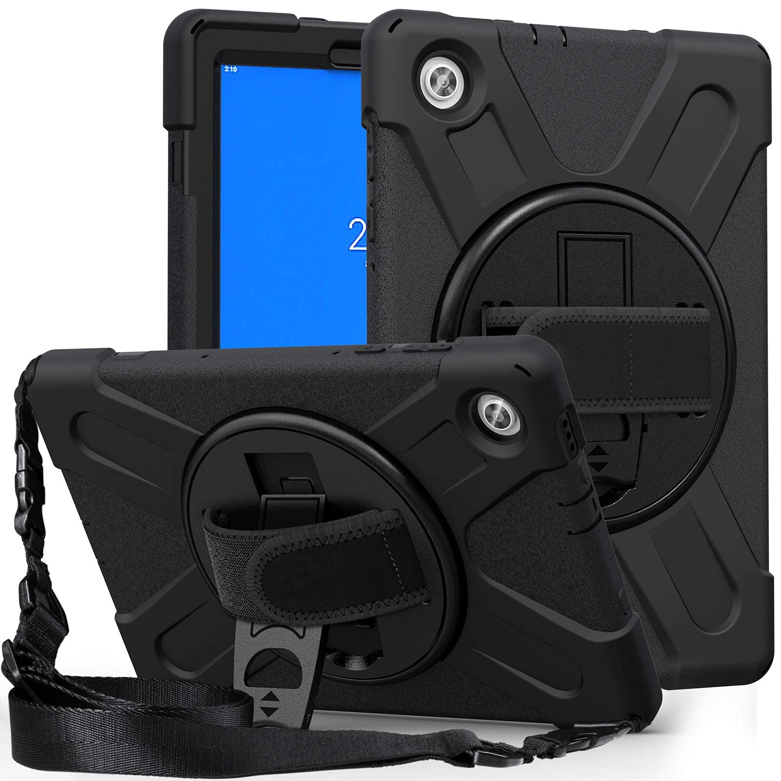 Fegishilly Case Compatible with Tab M10 HD 2nd Gen 10.1'' (TB-X306F/ TB-X306X), with 360 Rotating Kickstand Hand & Shoulder Strap Heavy Duty Rugged Rubber Cover (black)
