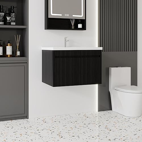Miniatura 144 de Tocador de baño de 20 pulgadas con lavabo de cerámica, tocador de baño pequeño montado en la pared con puerta de cierre suave, gabinete flotante
