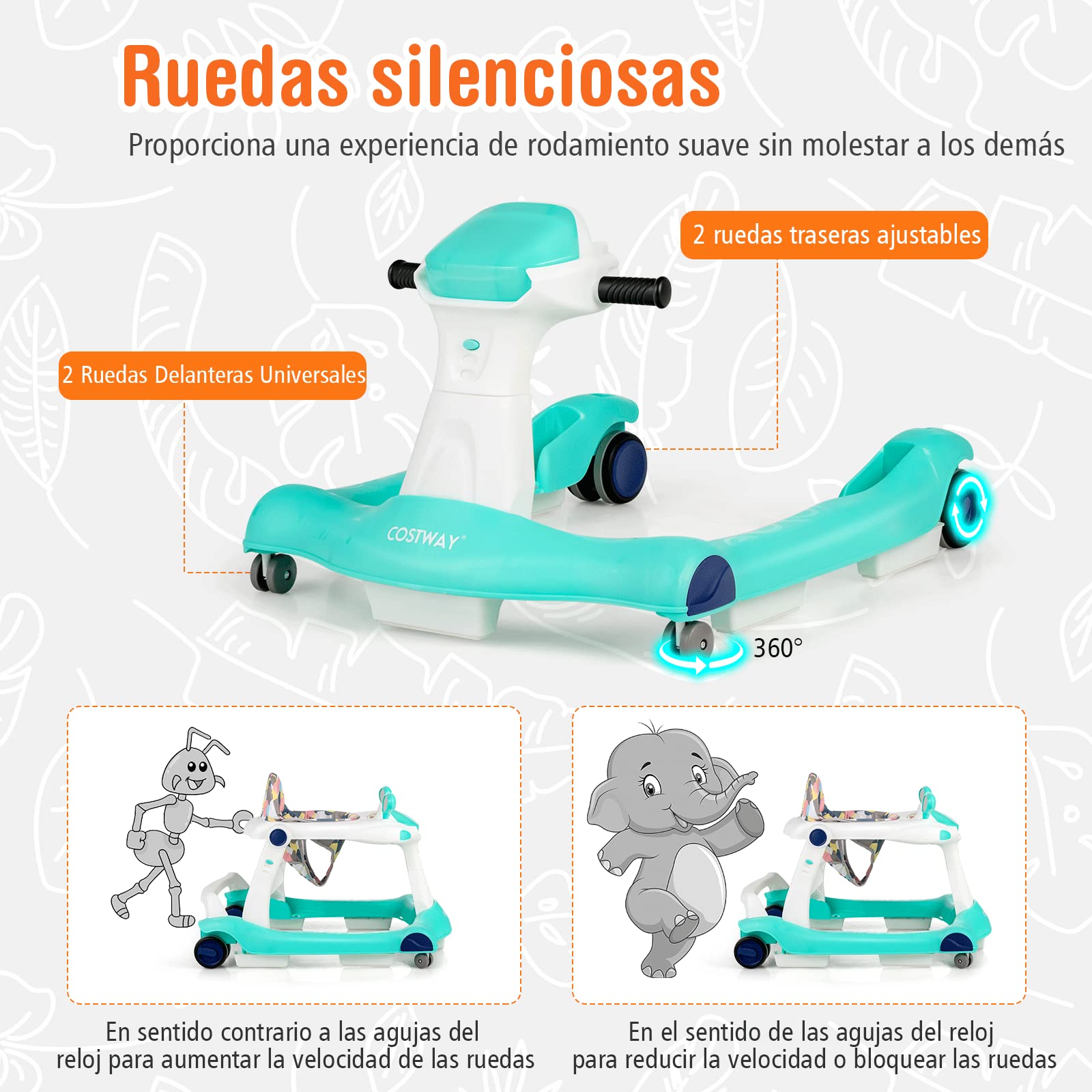 COSTWAY Andador 2 en 1 para Niños, Plegable con Altura y Velocidad Regulables, Carillón con Luces, Volante y Cojín Cómodo, de Empuje para Niños de 6 a 18 Meses