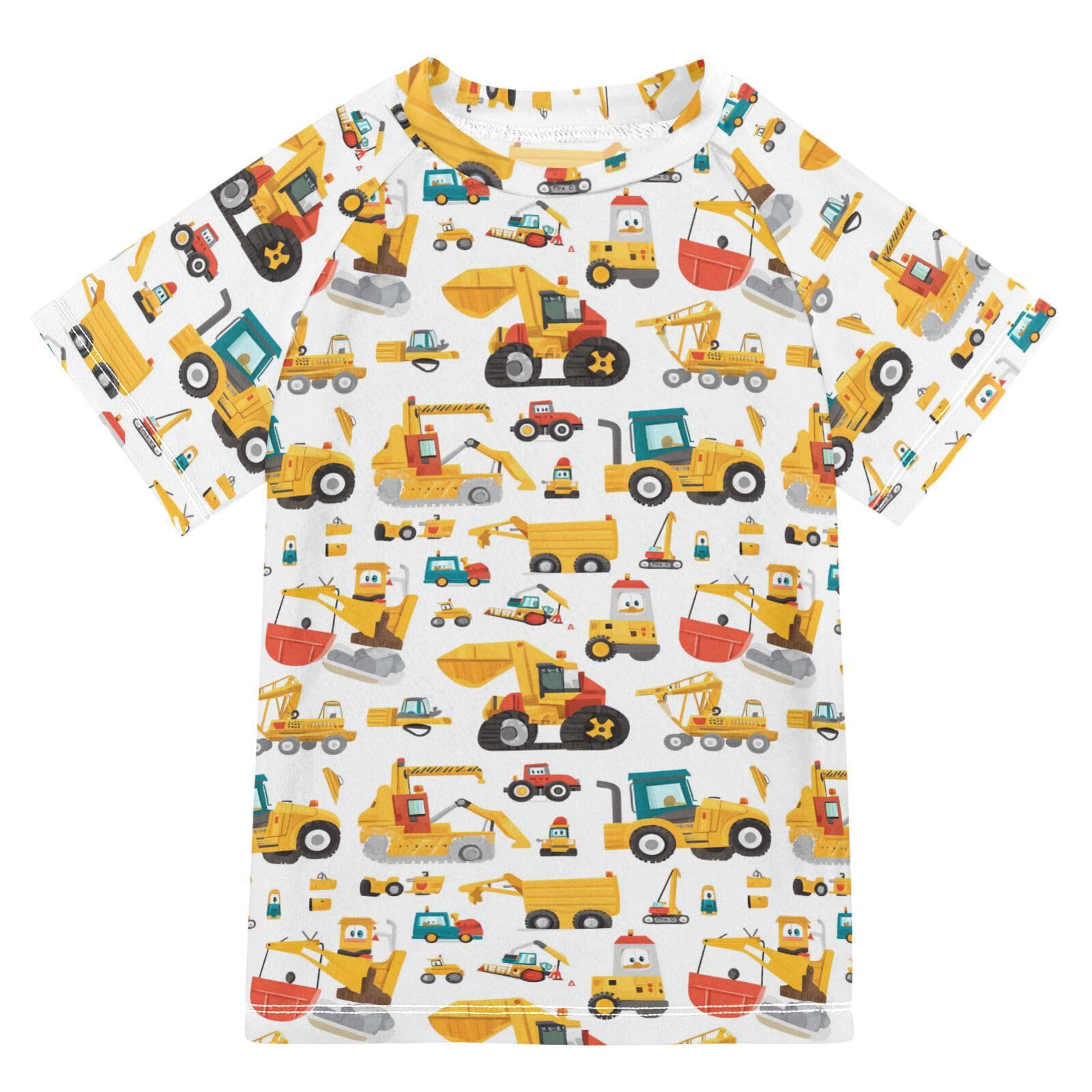 KLL Rash Guard Bathing Suit Girls Short Sleeve Rash Guard Swimsuit 4T Construction Vehicles