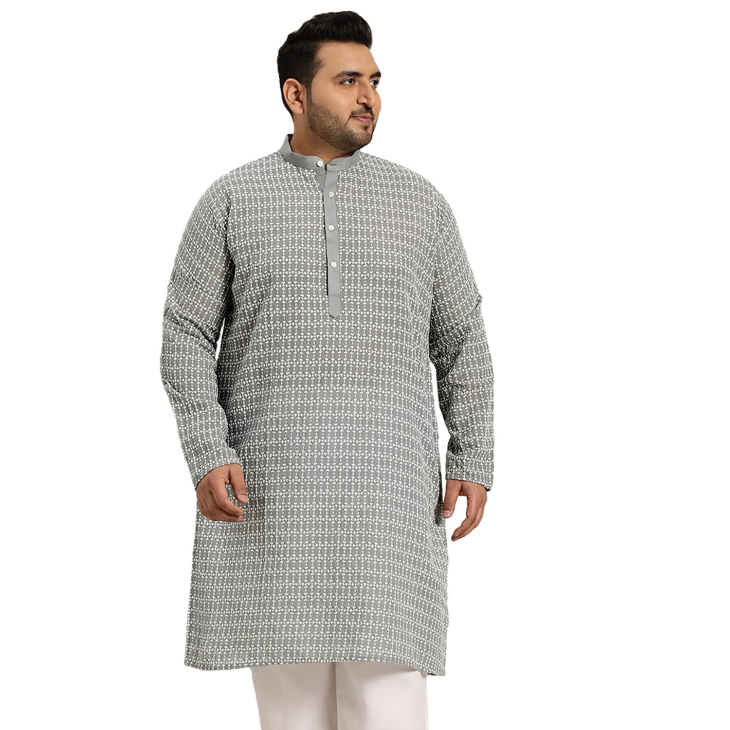Sojanya Plus (Since 1958) Men's Pure Cotton Grey Kurta With White Embroidery