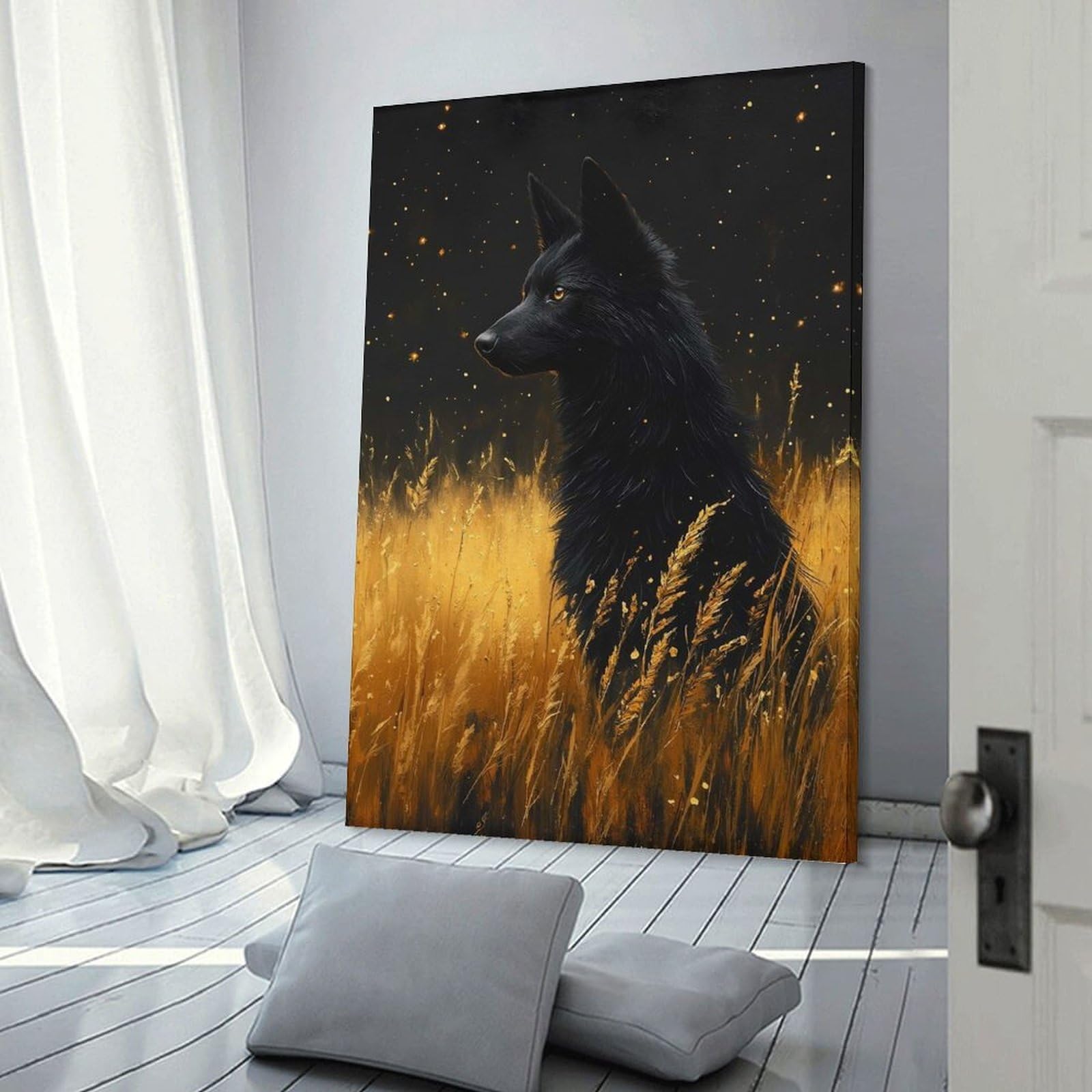 Junmoney Canvas Art Print Black Wolf in Golden Field, 24x36inch(60x90cm), for Calm Bedrooms, Home Corners Or Flats, A Warm Accent for Relaxed Interiors
