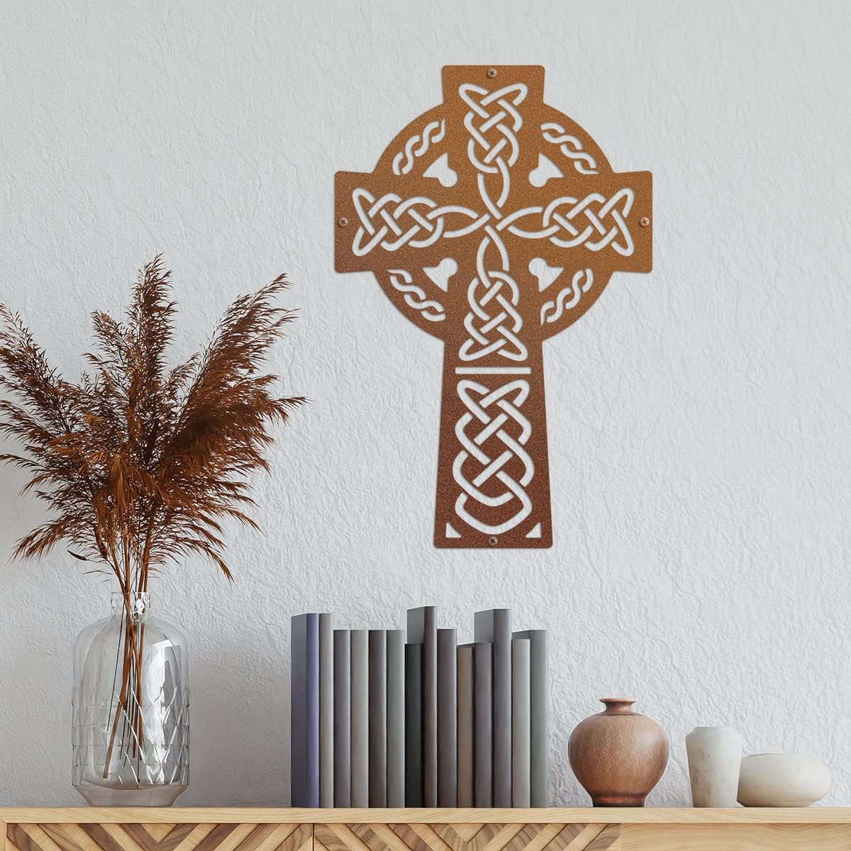 RealSteel Celtic Knot Cross Metal Wall Art – Irish Christian Home Décor – St. Patrick’s Day Decorations – Religious Celtic Cross Sign – Indoor & Outdoor Spiritual Wall Hanging Gift - Textured Silver