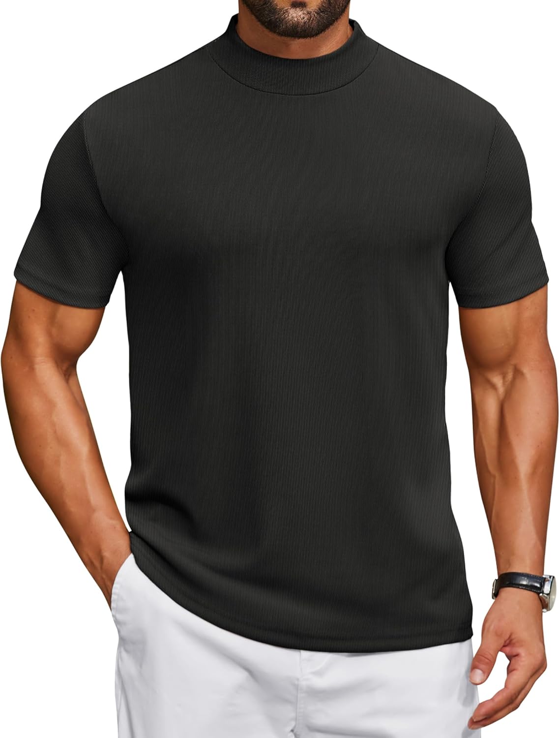 COOFANDY Mens Mock Turtleneck Shirts Short Sleeve Casual Basic T-Shirts Ribbed Solid Pullover Tops