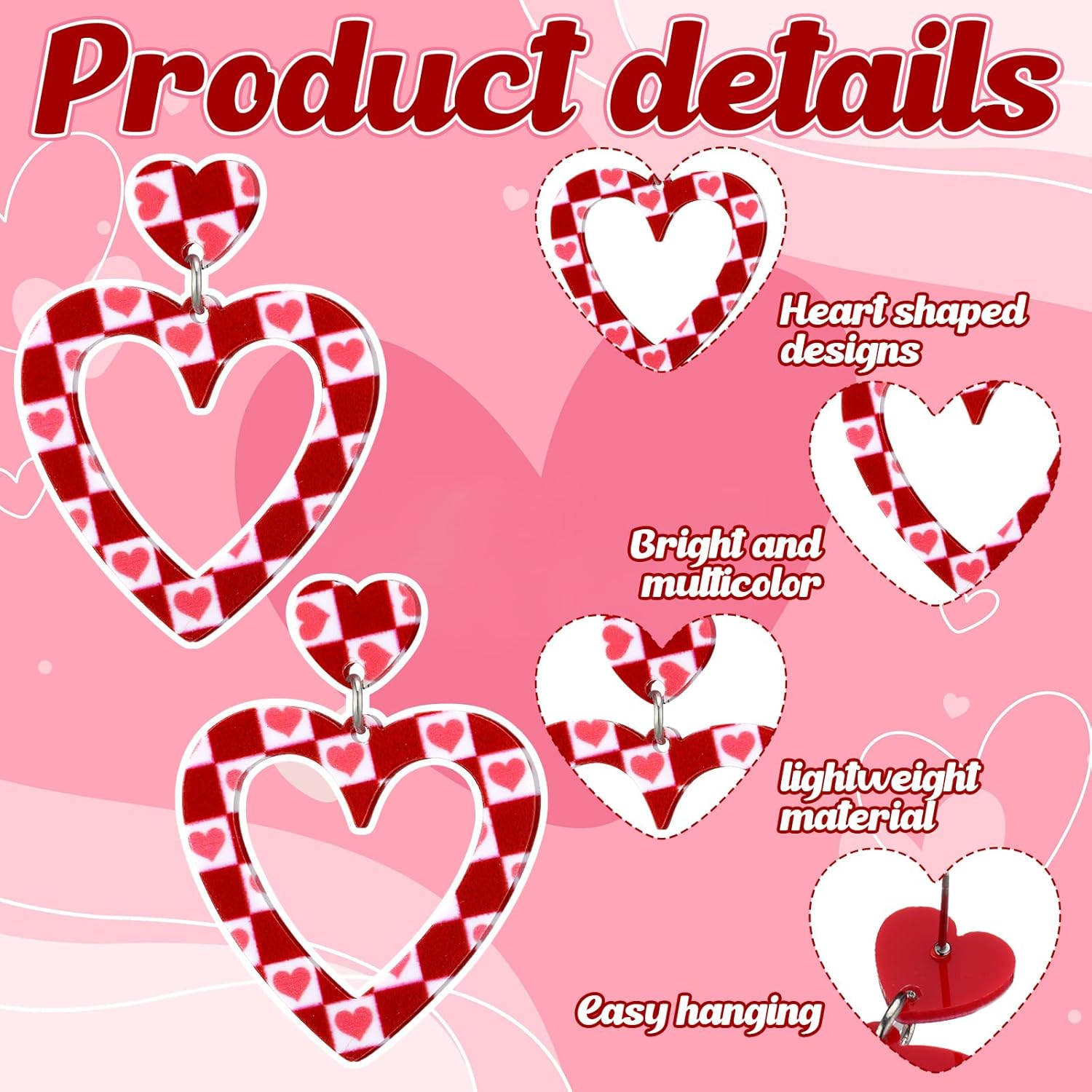 Tondiamo 9 Pairs Red and Pink Heart Earrings Gift for Women Bulk Heart Plaid Acrylic Dangle Drop Earrings Jewelry Creative Funny Accessories for Date Wedding Holiday Birthday Party Favors - Image 3