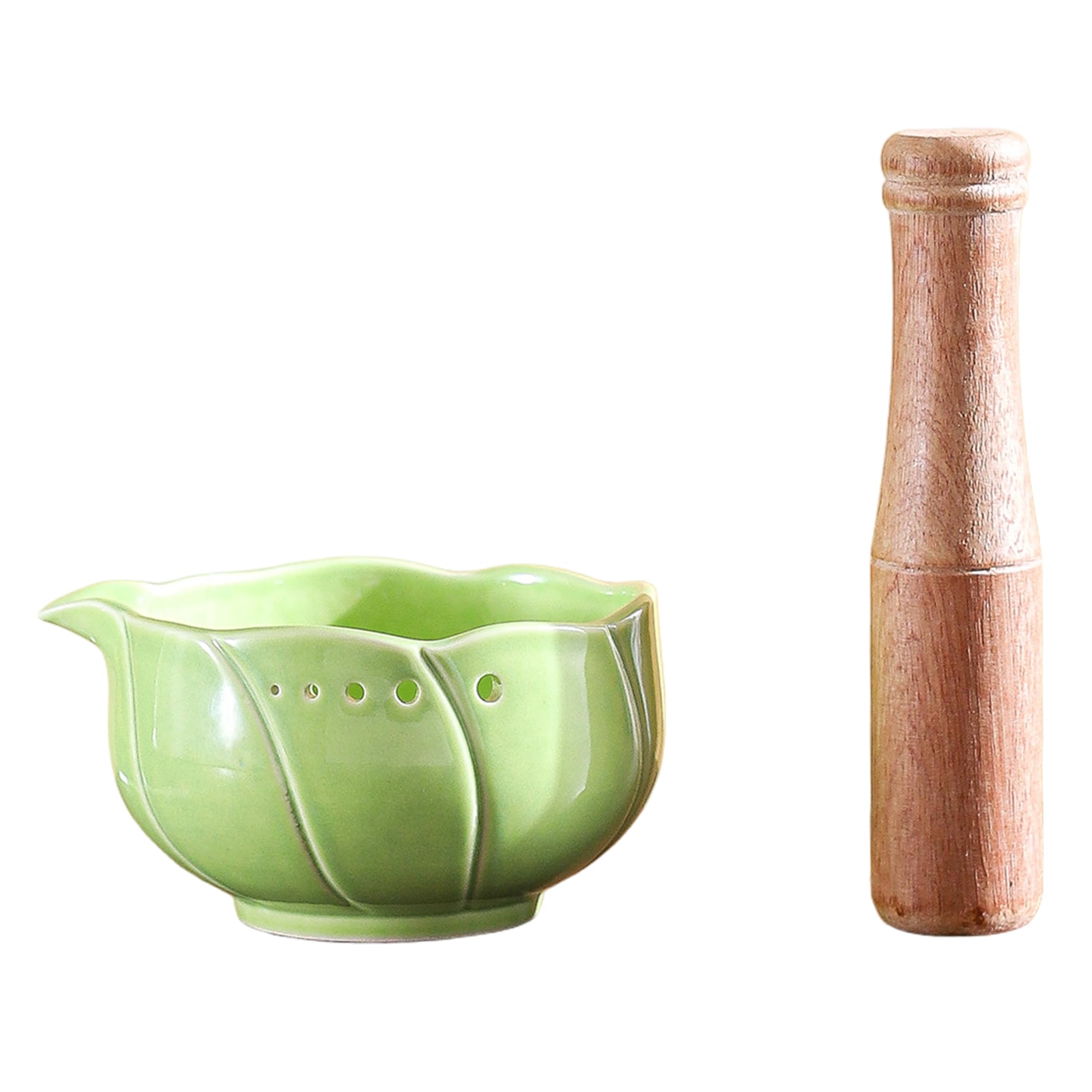 Tsawntd Ceramic Garlic Grater Bowl with Herb Stripper, Multi-function Petal-shaped Ceramic Garlic Grater Plate with Masher & Brush For Ginger - Green Plate Bowl