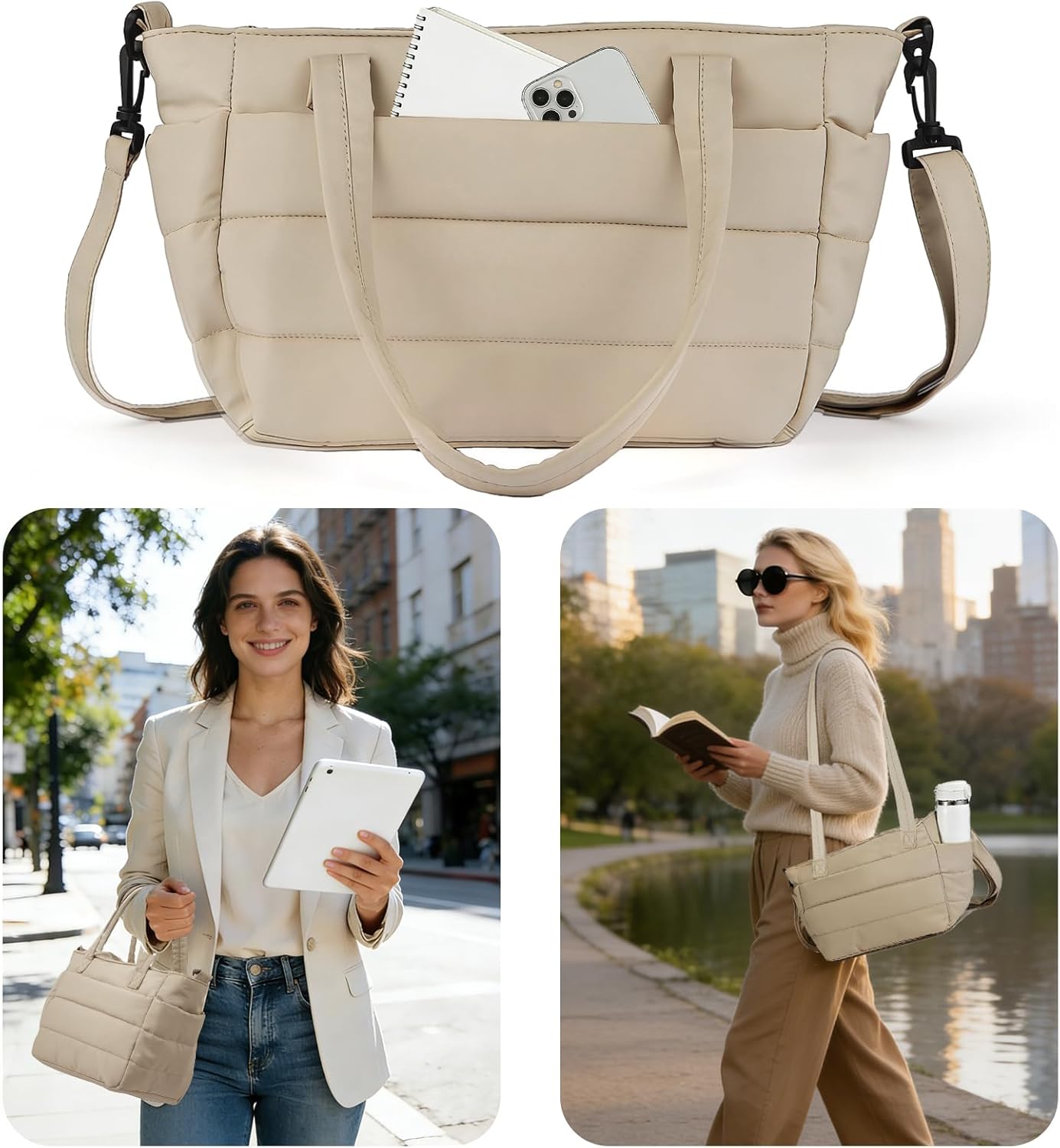 Lunch Bag Women Puffy Quilted Tote Bag Stylish Insulated Lunch Tote Bag with Large Capacity and Shoulder Strap Portable Lunch Cooler Bags for Women, Work Office, Travel, Picnic, Meal Prep - Image 4