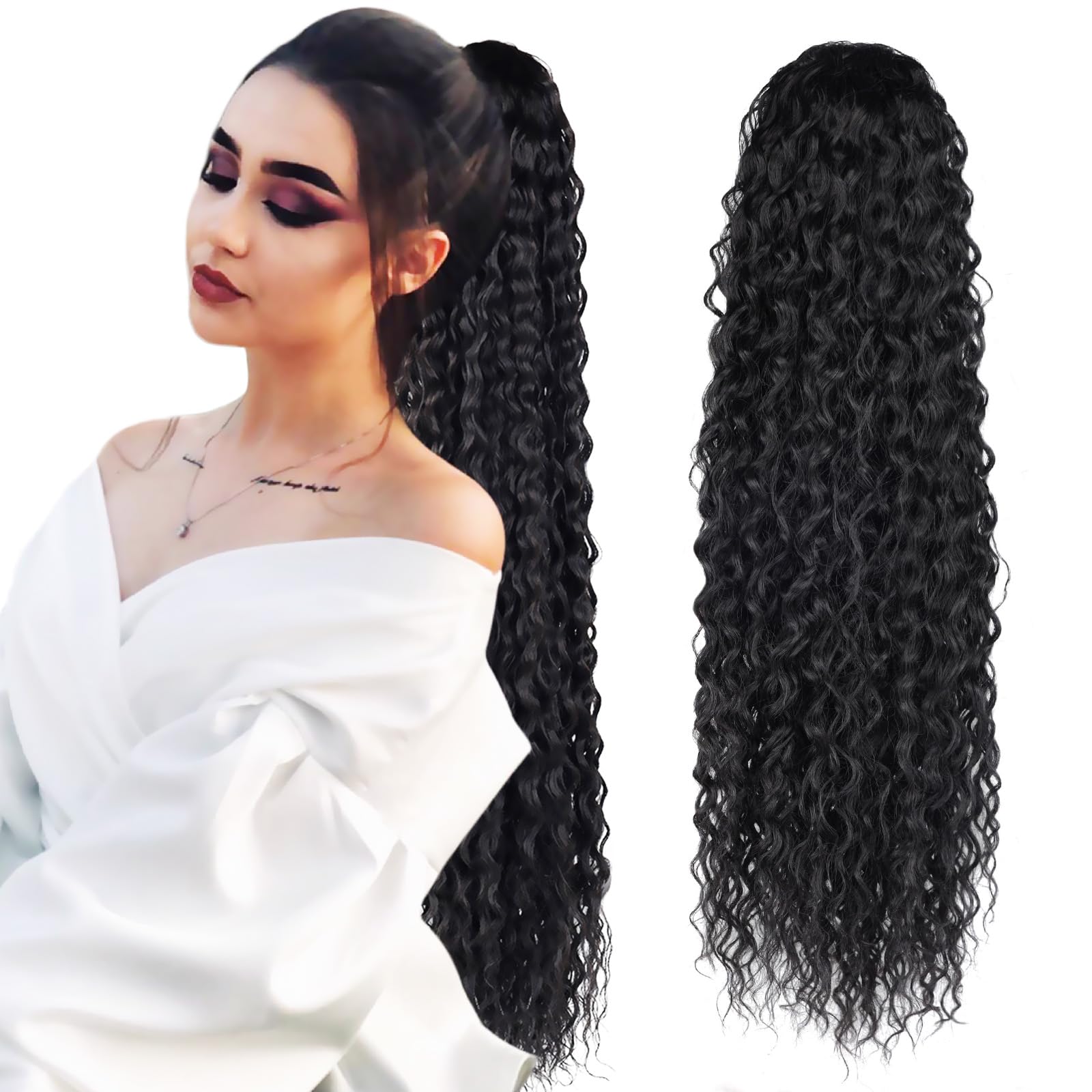 Long Drawstring Ponytail Extension Synthetic 26" Curly Bun Ponytail Black Clip in Hair Extensions Ponytail for Women