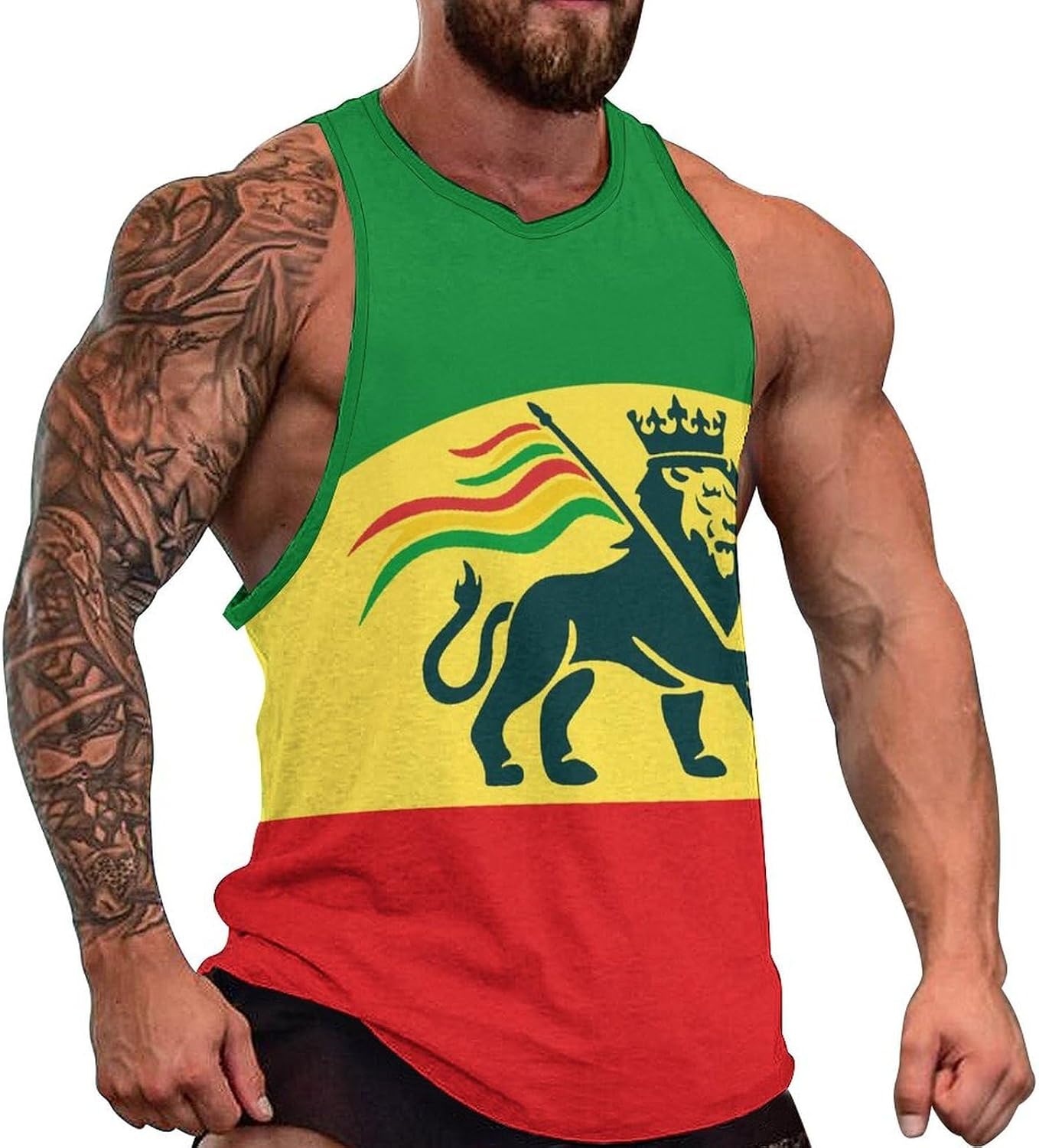 Ethiopian Rastafarian Lion Flag Mens Tank Tops Sleeveless Muscle Shirts Beach Casual Gym Shirt Vest Tee Tops