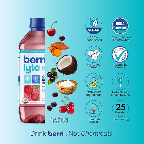 Miniatura 2 de Berri Lyte Solución de electrolitos orgánicos a base de plantas - Bebida de rehidratación pediátrica - Sabor a cereza bajo en azúcar, 1 L, 2 unidades