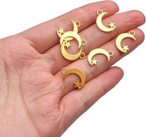 Miniatura 7 de Jdesun 100 dijes de aleación de oro con forma de luna y estrella para hacer joyas y manualidades