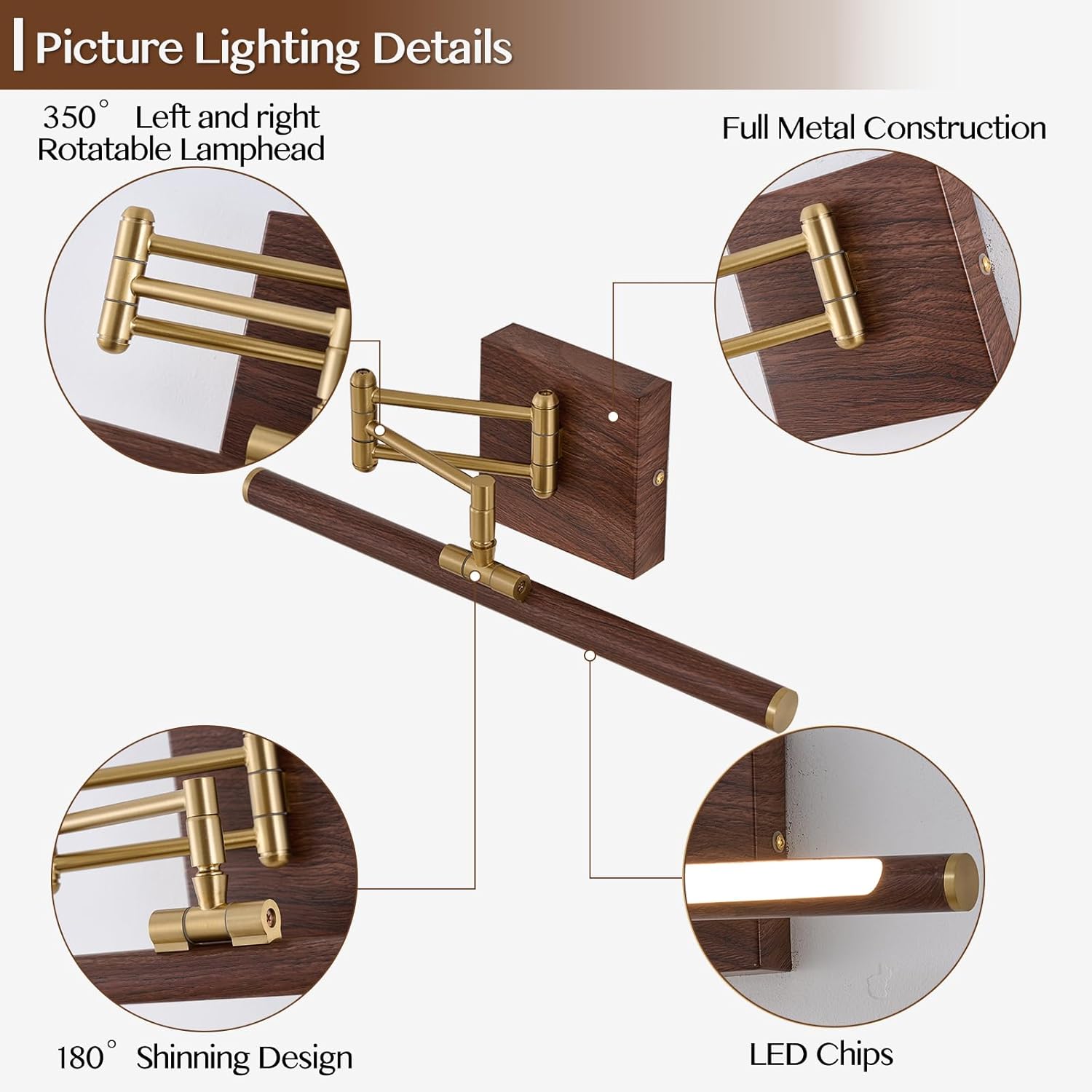 Modern Hard-Wired Picture Light, Wall Mounted Swing Arm Art Light with Adjustable Arms, Brass Finish & Walnut Wood Accent, Dimmable Gallery Lighting for Paintings, Mirrors, Artwork
