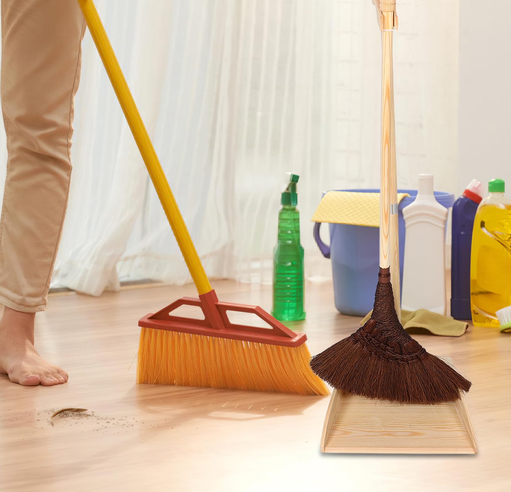 VICASKY Besen Kehrschaufel Satz mit Langem Holzstiel Antistatischer Natur Palmbesen für Hartböden und Ecken Vintage Reinigungsset für Haushalt und Garage