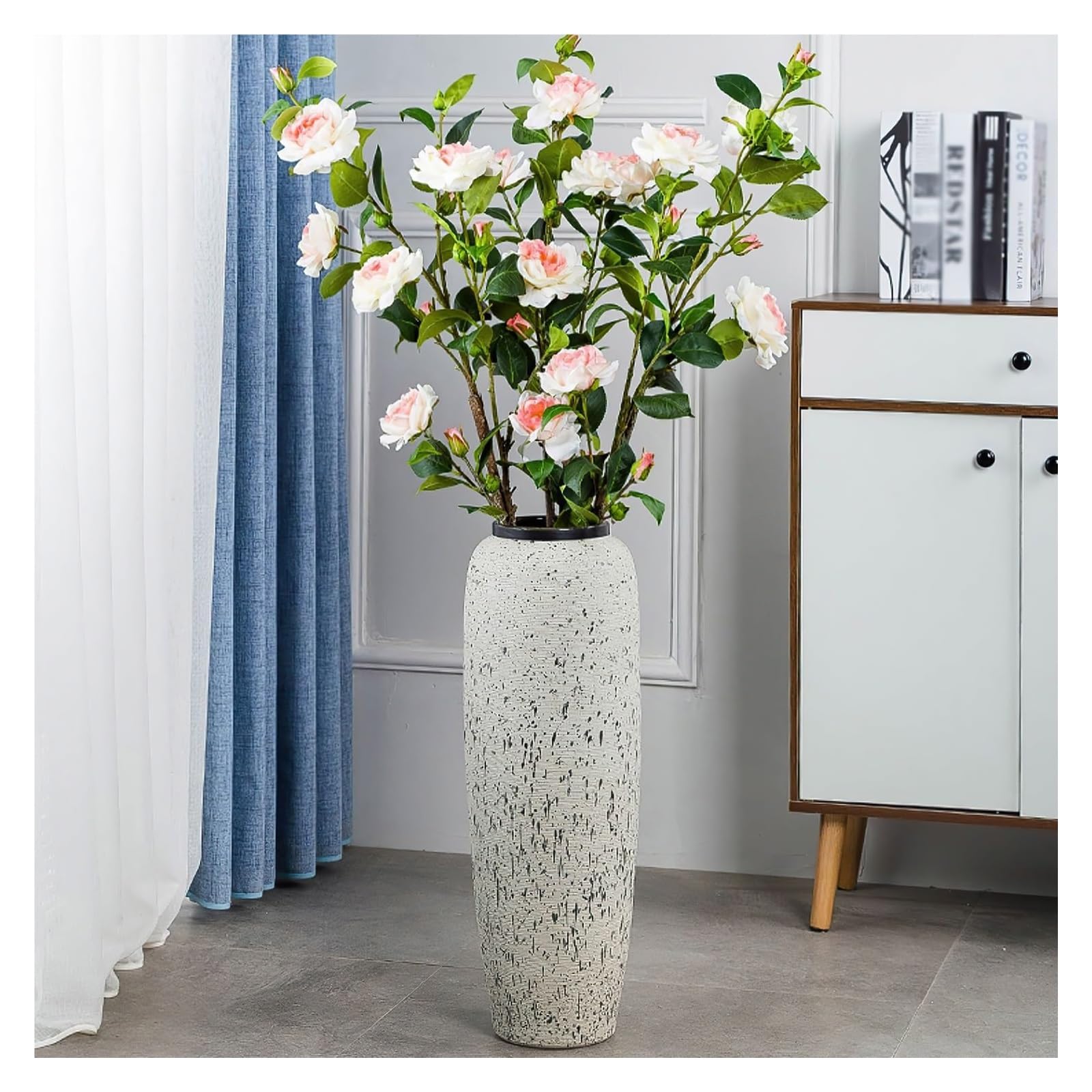 Wazon Wysoki, Ceramiczny, Duży Wazon Podłogowy, Rustykalny, Rustykalny, Kwiatowy, Do Kuchni, Biura, Salonu, Przedpokoju, Ozdobne Gałęzie I Suszone Kwiaty, Jeden Kolor - 16 X 90 Cm, Jeden Kolor, 22 X