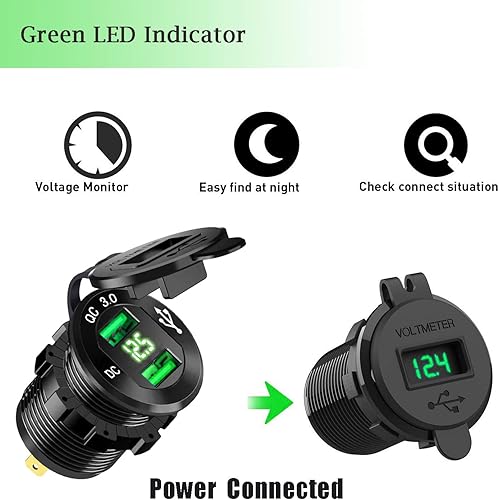 Miniatura 7 de Carga rápida 3.0 Dual USB Cargador de coche Socket 12V24V 36W QC3.0 Cargador rápido USB dual Toma de corriente de aluminio con voltímetro LED para