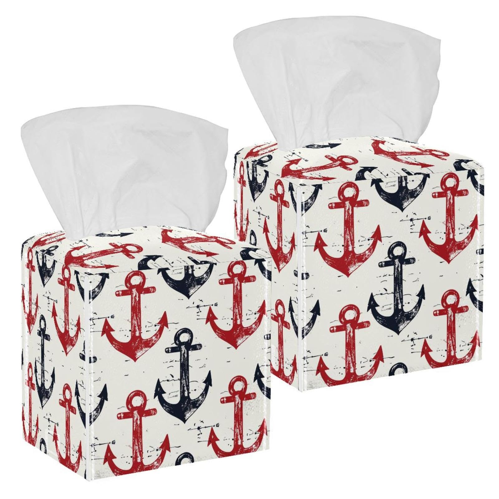 Anchors Pattern Tissue Box Cover, 2 Pack PU Leather Square Facial Tissue Dispenser Box holder for Home Office Car