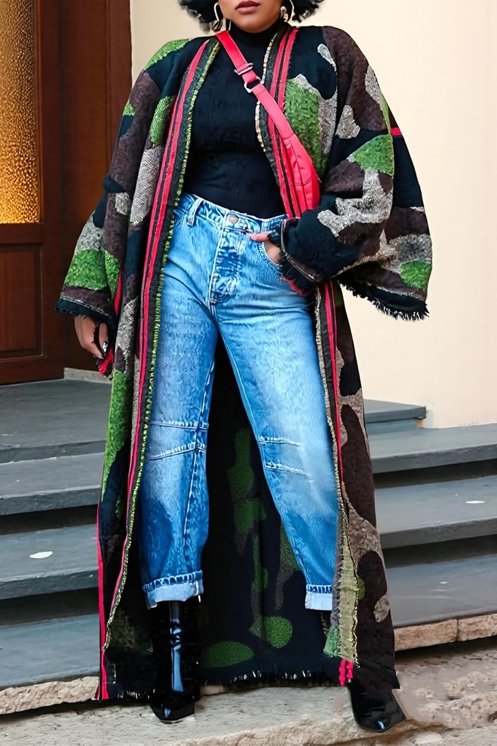 Seltaon Camo Long Cardigan Sweaters for Women Open Front Fall Knit Camouflage Cardigans Sweater Coat Outwear Plus Size Trendy - Image 2