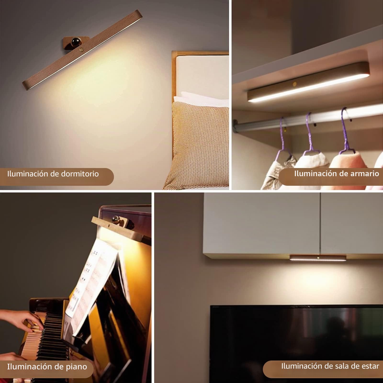 Lámpara LED para espejo de baño, 3.5W lámpara de pared de madera diseño magnético, lámpara de espejo regulable, rotación de 360°, luz de espejo de maquillaje recargable con interruptor táctil