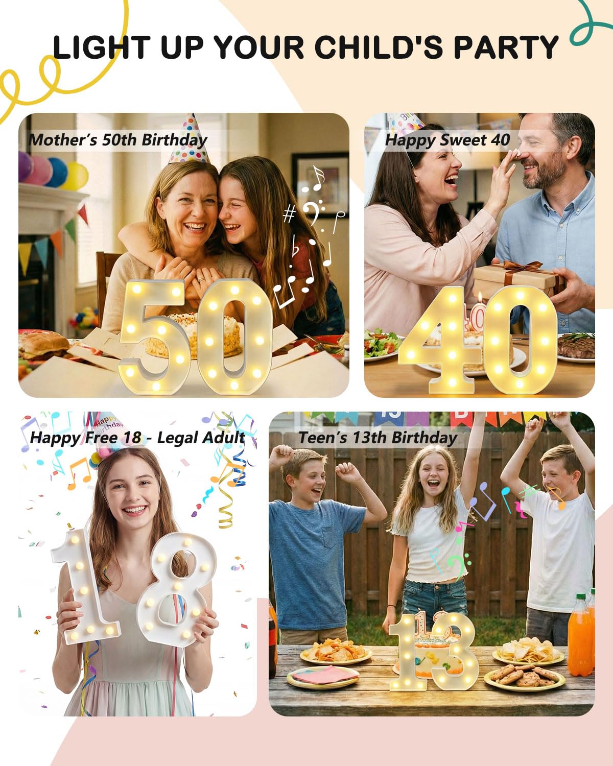 Lampada a LED con numeri con musica Happy Birthday, per ragazzi e ragazze, luce bianca calda, 18, con telecomando per decorazione di compleanno, casa, famiglia, decorazione da parete