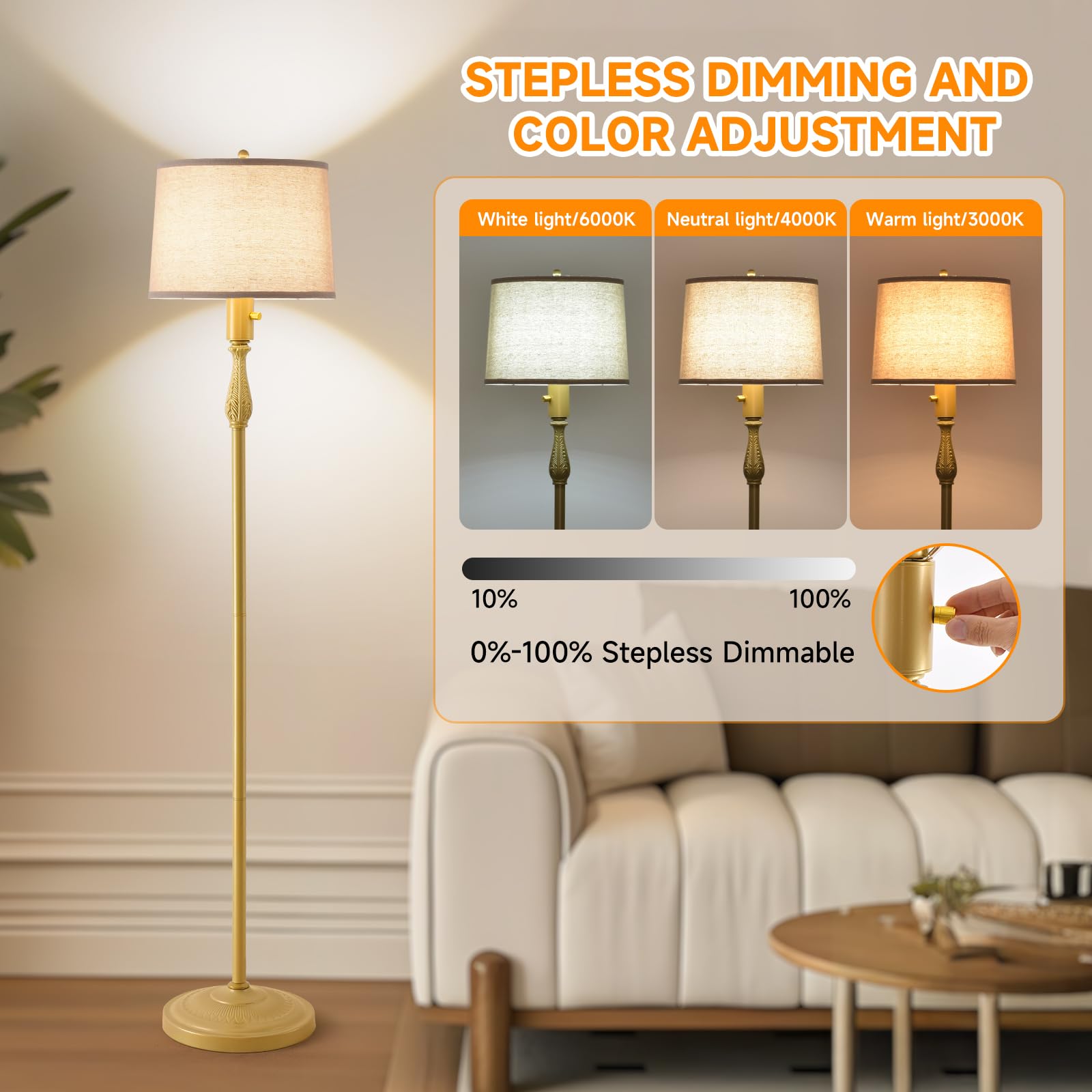 taotanra Vintage Dimmable Gold Metal Floor Lamp with Linen Lamp Shade, Tradition — product photo