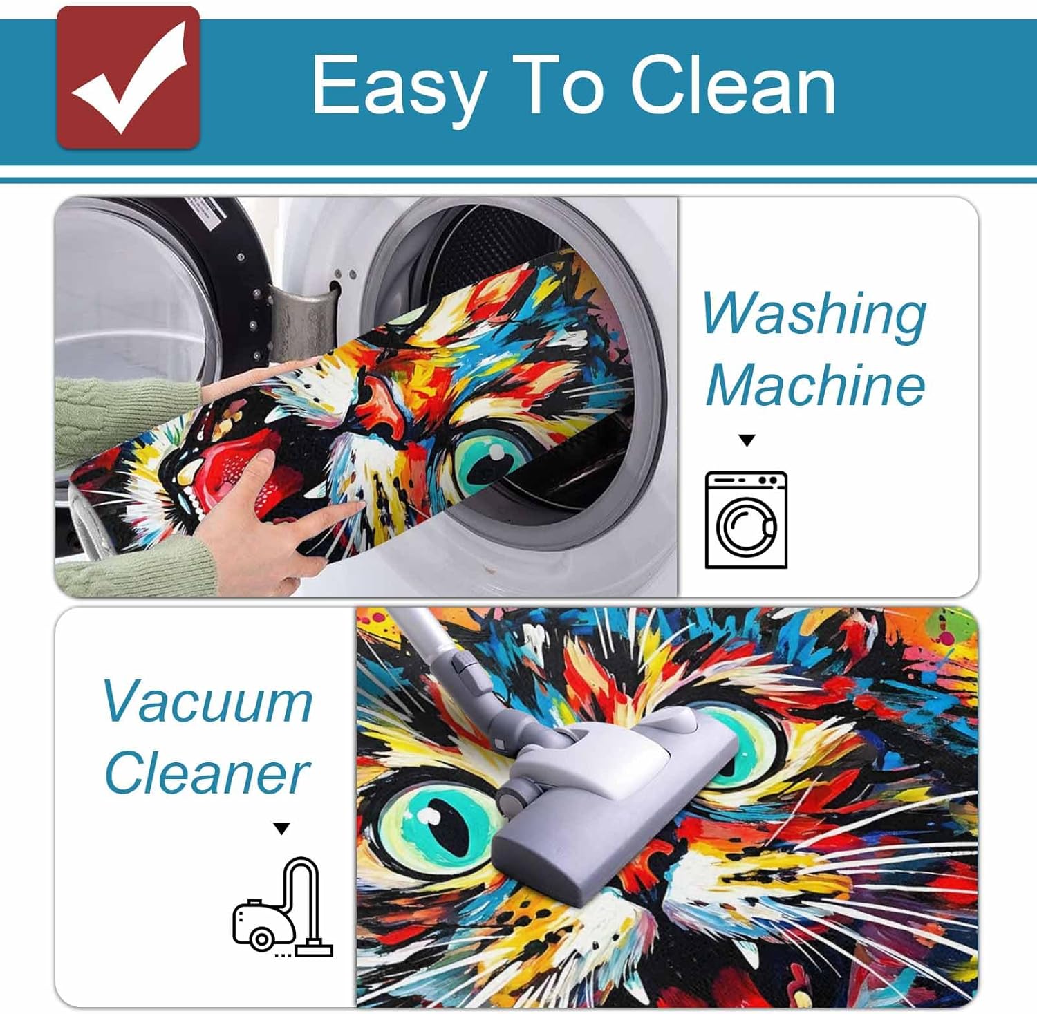 Color Cat Kitchen Mat Set 2 Pieces Graffiti Animal Modern Art Pink Orange Yellow Ink Splatter Non Slip Kitchen Rugs Washable Runner Rug Mats for Sink Laundry (15.7" x 23.6"+15.7" x 47.2")