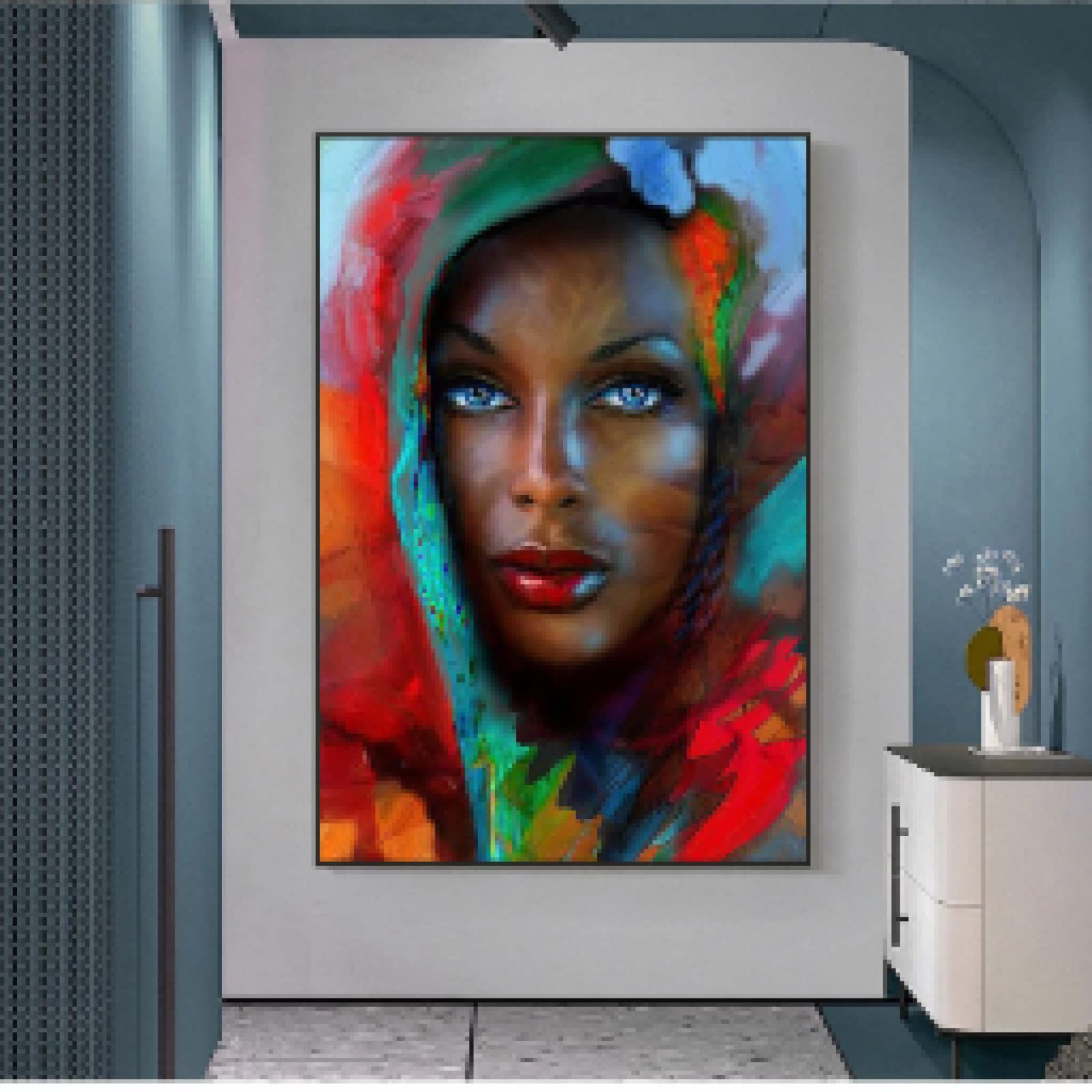 Amazon.co.jp: 抽象的なアフリカの青い目の女性のキャンバスの絵画黒人