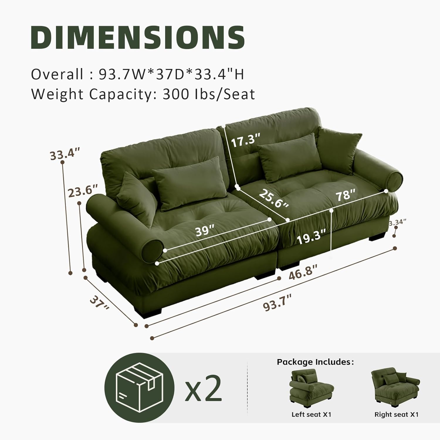 93.7" Oversized Modular Sectional Sofa 2-Seater Loveseat Cloud Couch with Pillows and Overthick Cushion for Living Room, Home Theater,Apartment,Velvet,Olive Green