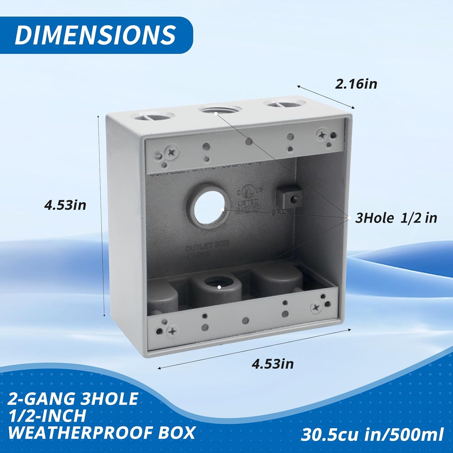 2-Gang Weatherproof Outlet Box with Three 1/2-in Threaded Outlets,4-1/2 Inch Length by 4-1/2 Width by 2-Inch Depth,2 Gang Electrical Outlet Box,CUL Listed,Gray(Pack of 9)