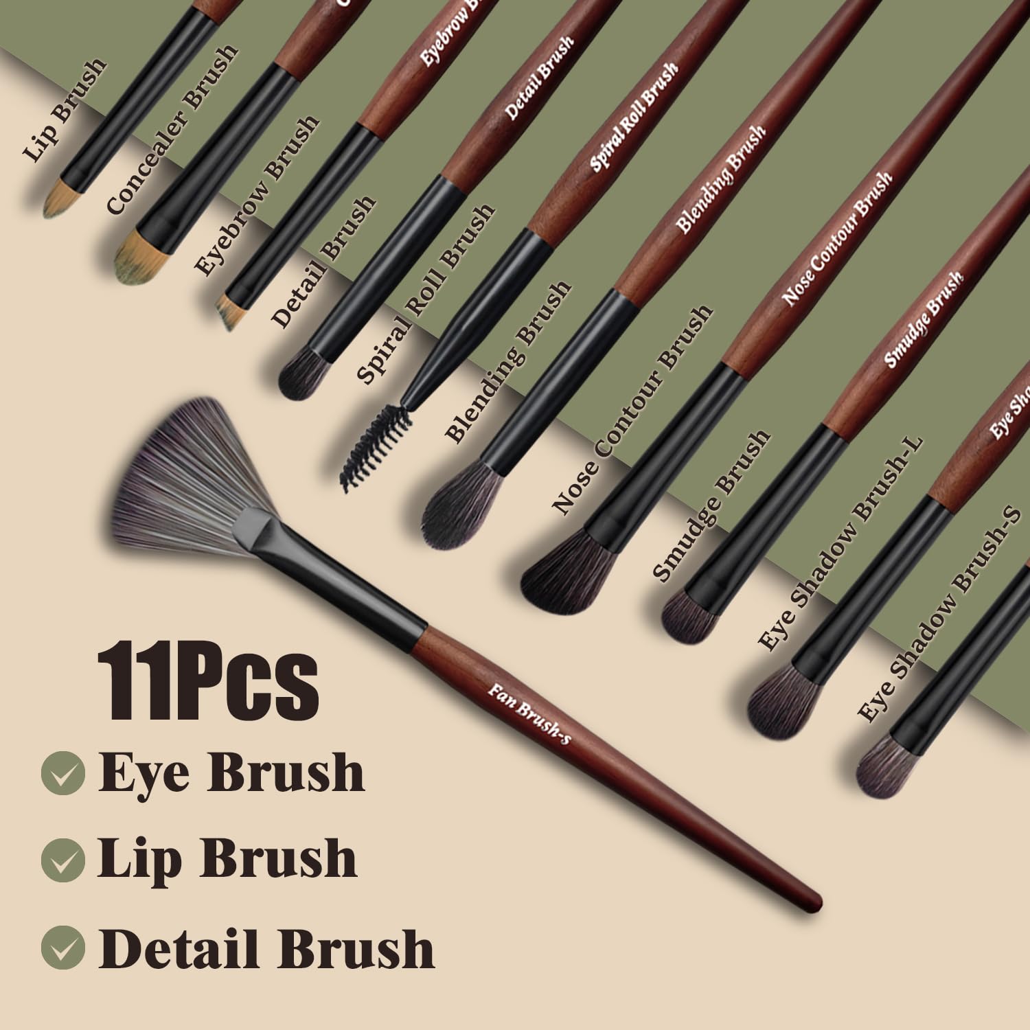 Juego de brochas de maquillaje, 16 piezas, cerdas sintéticas, asas de madera (negro)
