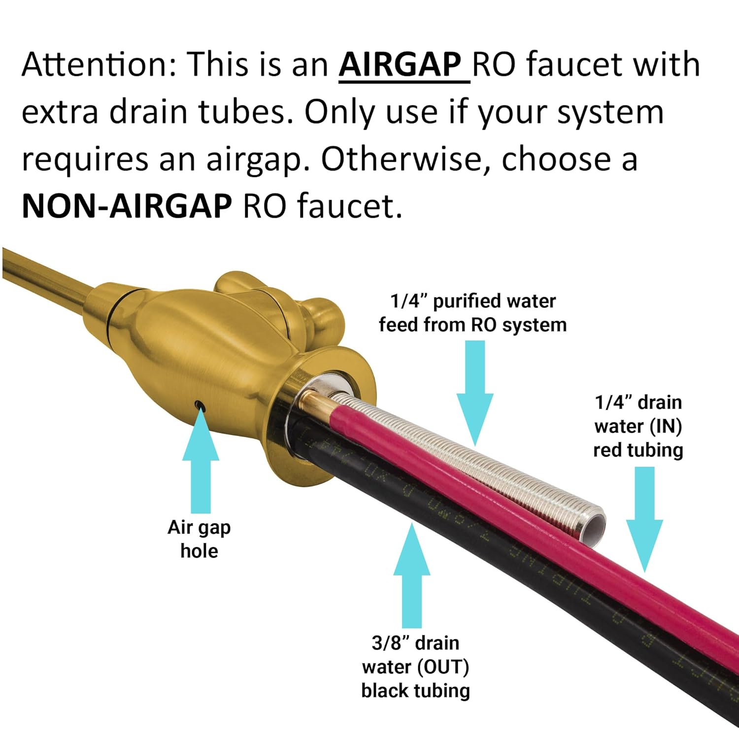 Metpure Airgap RO Faucet Reverse Osmosis Drinking Water Filtration System Water Dispenser Spout (Brushed Gold) with Pre-Inserted Tubing and Faucet Wrench. Vase Style. NSF Certified.