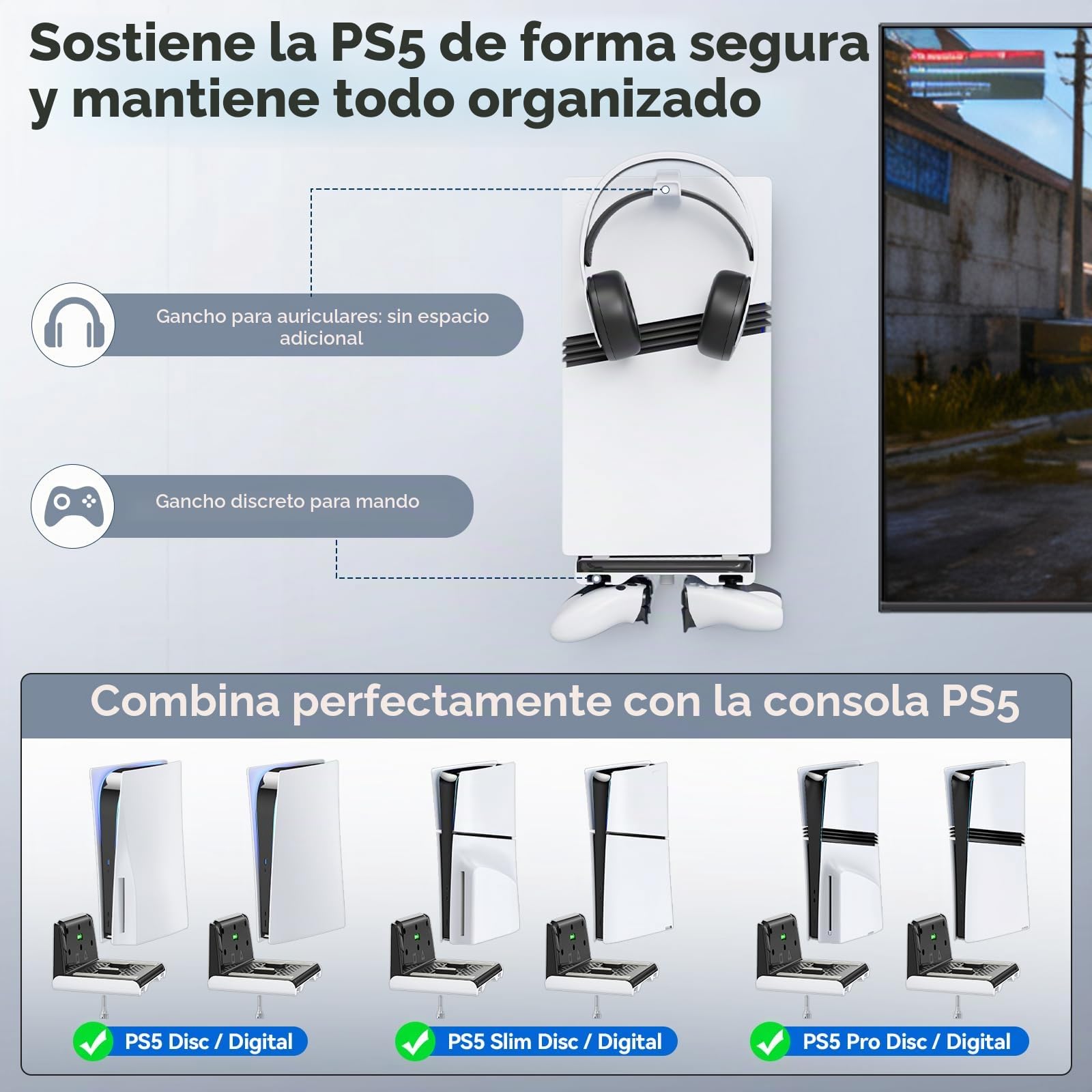 Soporte de Pared para PS5 Compatible con Consolas P5/Slim/Pro, Soporte Vertical para PS5 para Base Mando P5, Kit de Montaje en Pared para PlayStation 5 Accesorios con Gancho Auriculares, Blanco