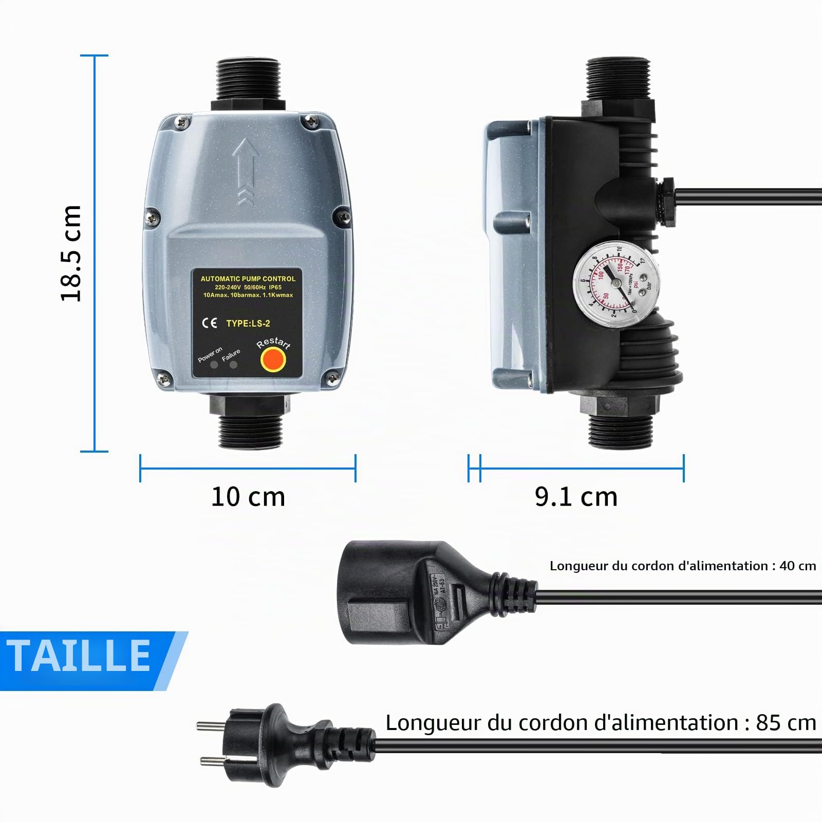 Briidea Régulateur de pression automatique de pompe à eau noir, gris, 10 bar, 80 l/min, gyroscopique, protection, électrique filaire, IP65