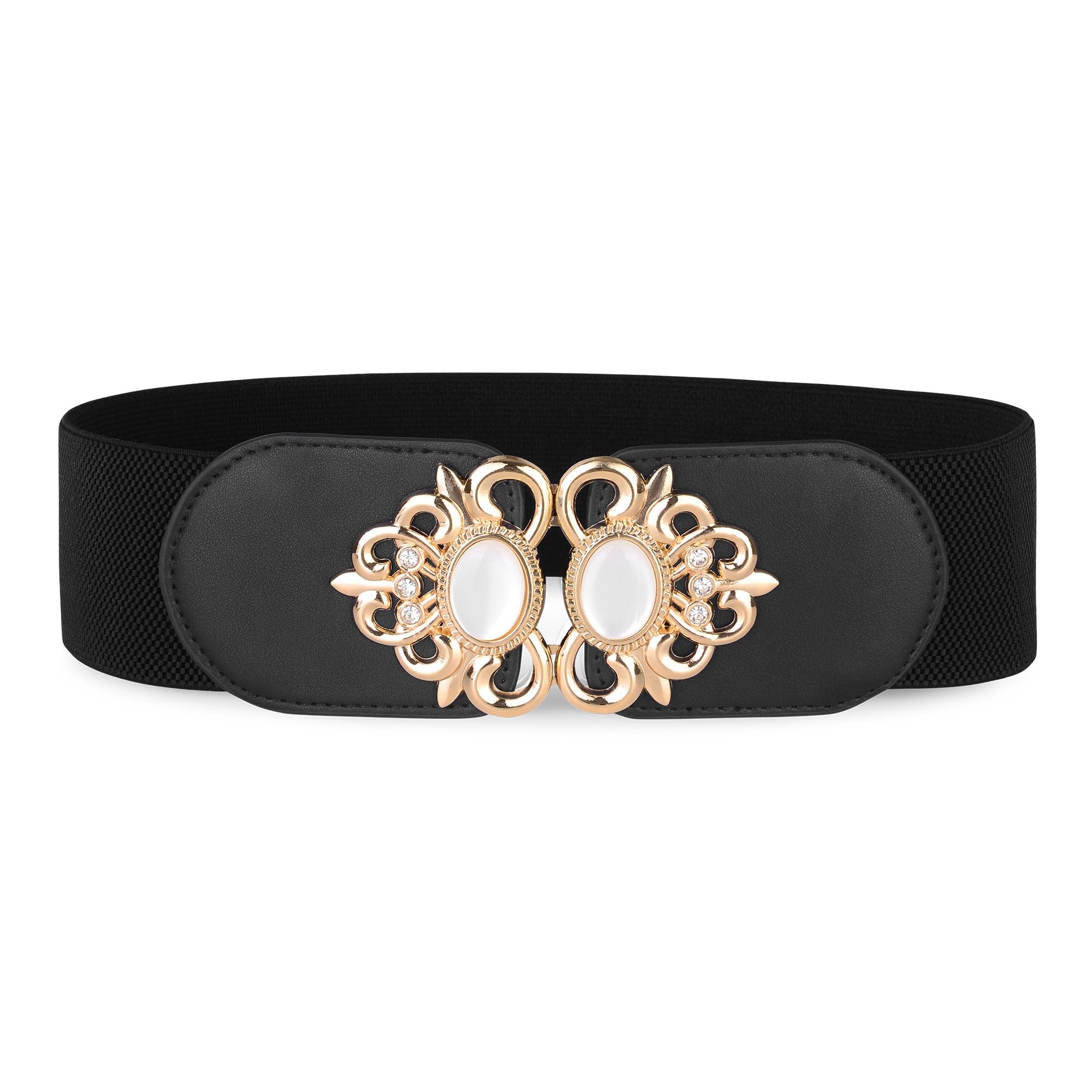 BlackButterfly Stretchy Vintage Wide Waspie Elastic Pearl Buckle Waist Belt (Black, XXL)