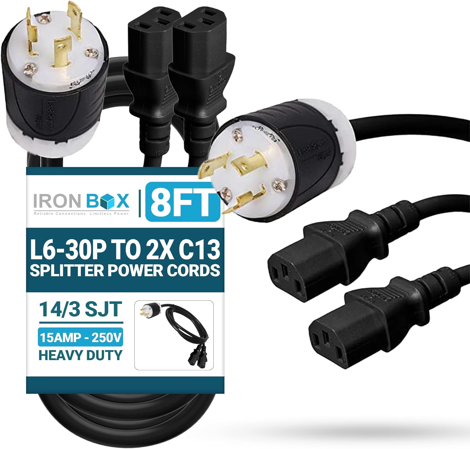 IronBox Electric L6-30P to 2X C13 Splitter Power Cords - 15A/250V, 14 AWG, 14/3 SJT - UL Listed Power Supply Cable - Heavy Duty Power Plug and Cord for Computer, Data Centers, Generator & More (8 ft)