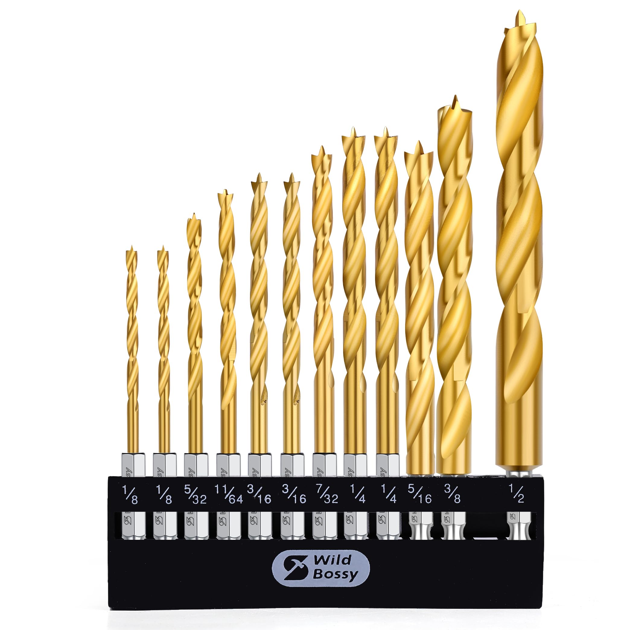 Titanium Brad Point Drill Bit Set 12Pcs (1/8" - 1/2") HSS Hex Shank Drill Bit Set with Double Flutes Design for Hardwood, Plywood, Plastic Round Holes