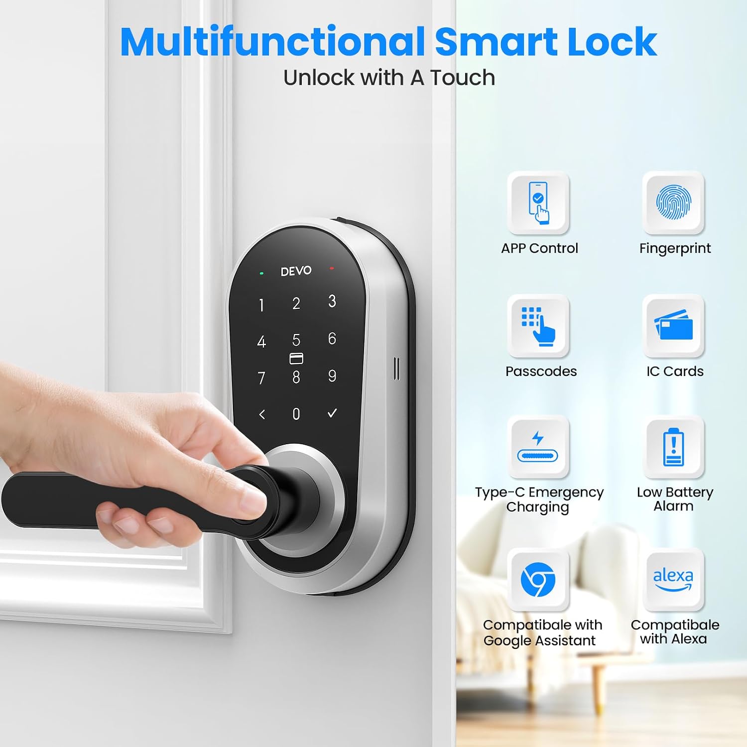 Devo G7 Smart Door Lock with Handle and icons for APP Control, Fingerprint, Passcodes, IC Cards, Type-C Emergency Charging, Low Battery Alarm, Google Assistant, and Alexa compatibility.
