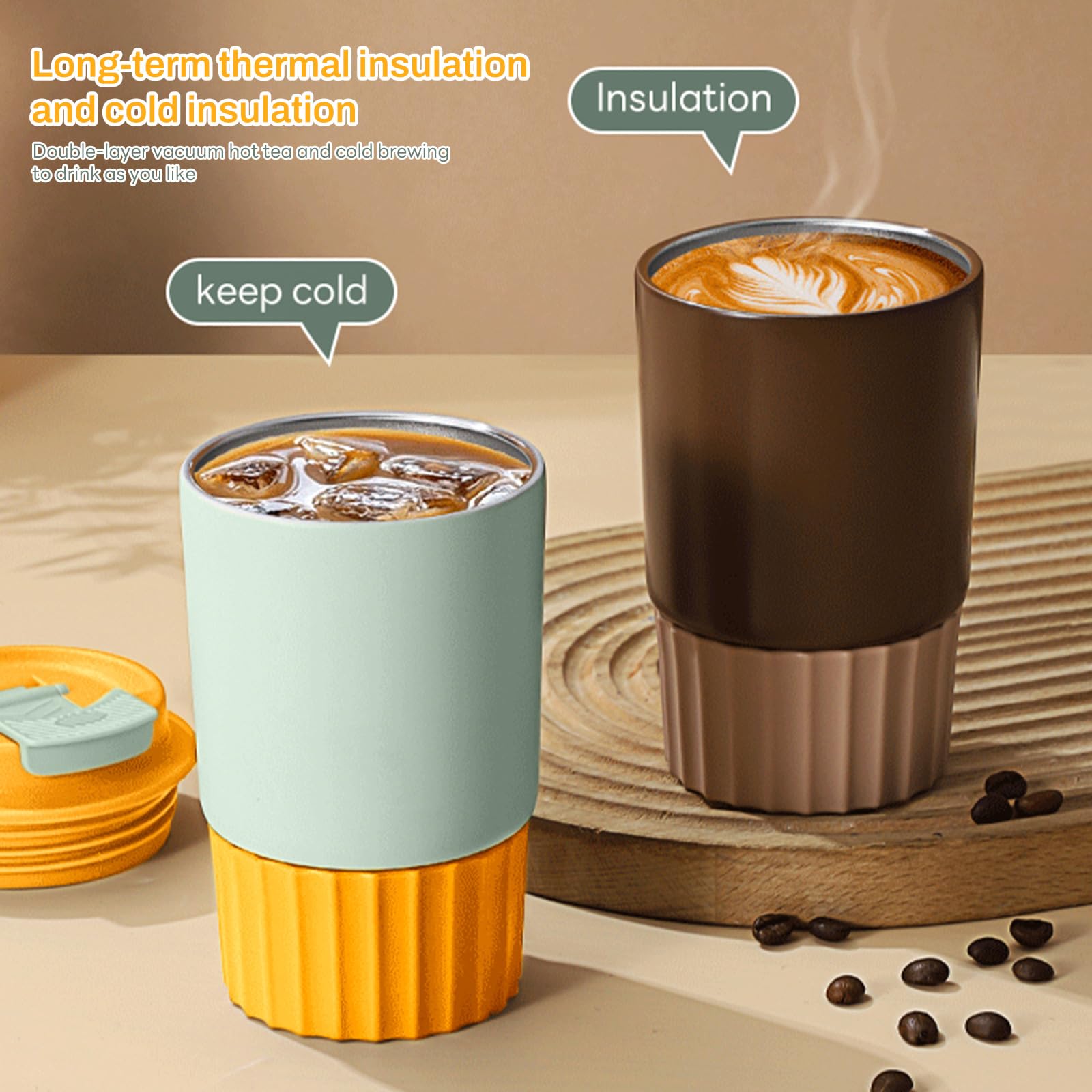 Amazon.com: 360ml/12oz Stainless steel double wall vacuum insulated coffee  mug; coffee travel mug; spill-proof coffee mug with lid; car travel mug;  for hot/iced coffee, tea and beer (Green orange) : Home &