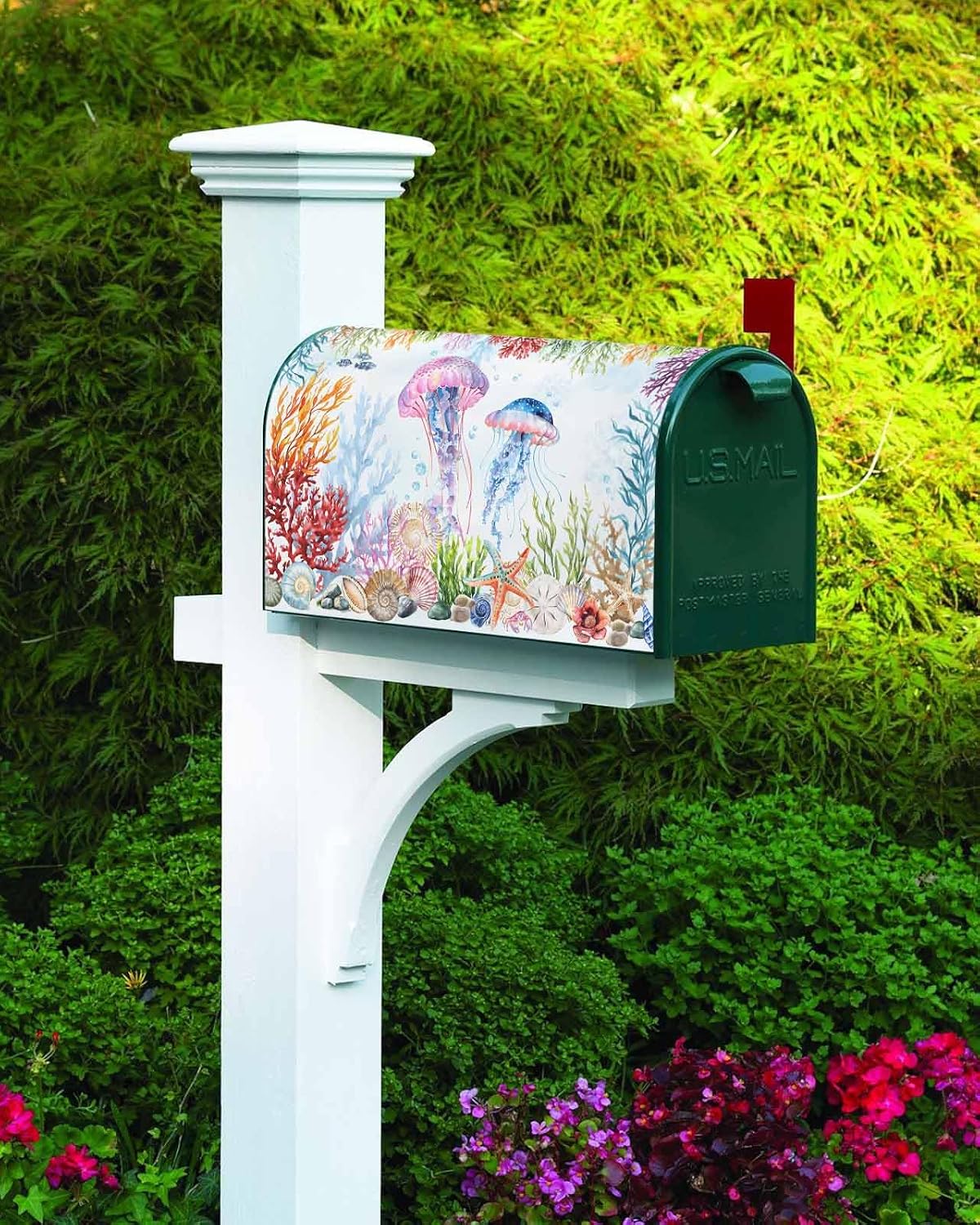 Jellyfish Coastal Mailbox Covers Magnetic Standard Size, Blue Nautical Summer Beach Ocean Decorative Post Letter Numbers Box Wrap Decoration Covers Large Accessories for Garden Yard Outdoor Décor