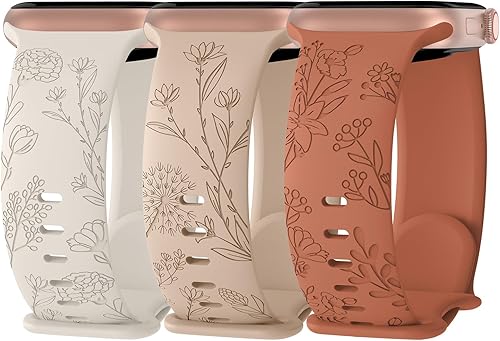 Paquete de 3 correas de silicona grabadas florales compatibles con Apple Watch Band de 1.496 pulgadas, 1.575 pulgadas, 1.614 pulgadas, 1.654