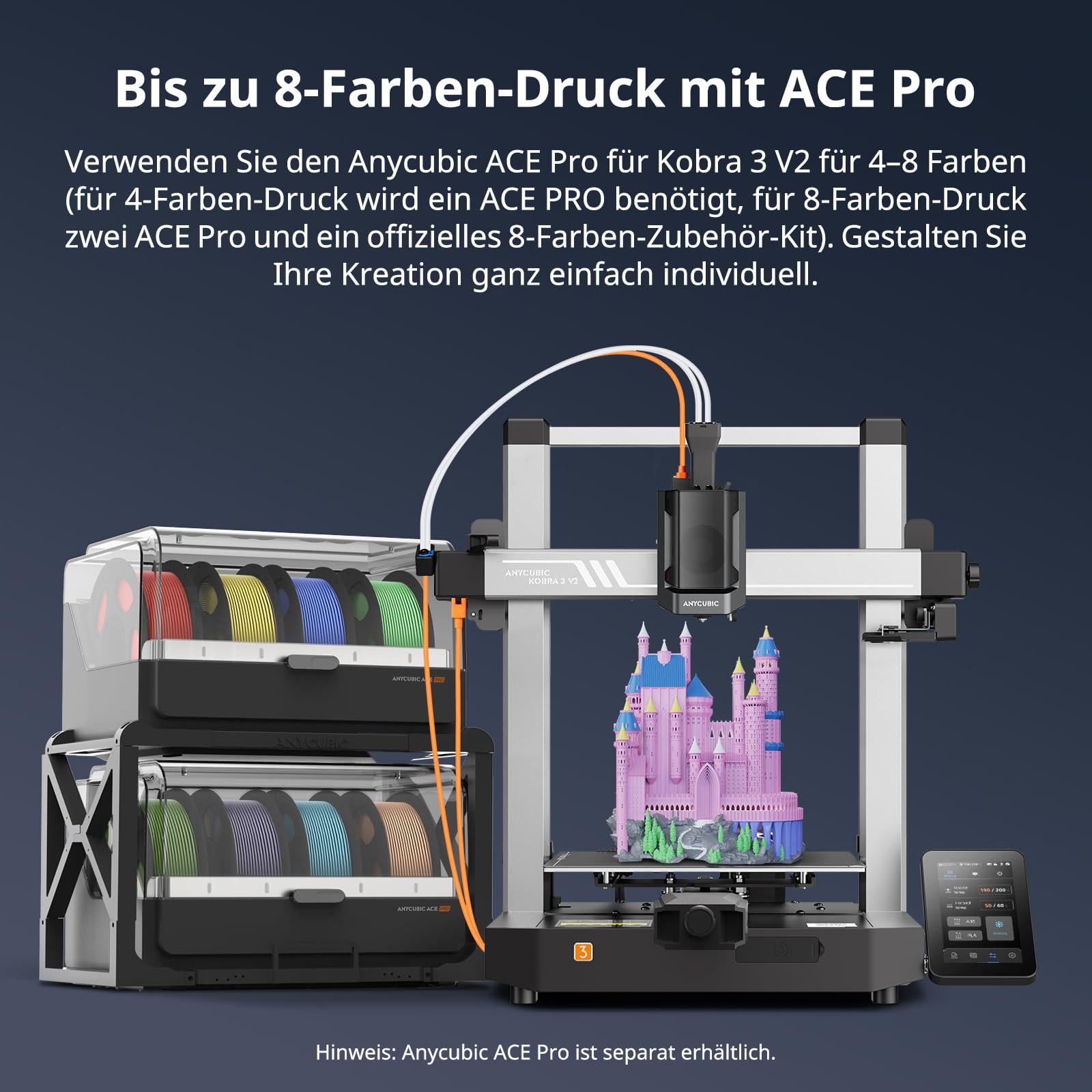 Anycubic Kobra 3 V2 3D Drucker, Verbesserte Düsentechnologie und Auto-Leveling, Mehrfarbendruck über ACE Pro, Druckgröße 255 x 255 x 260 mm